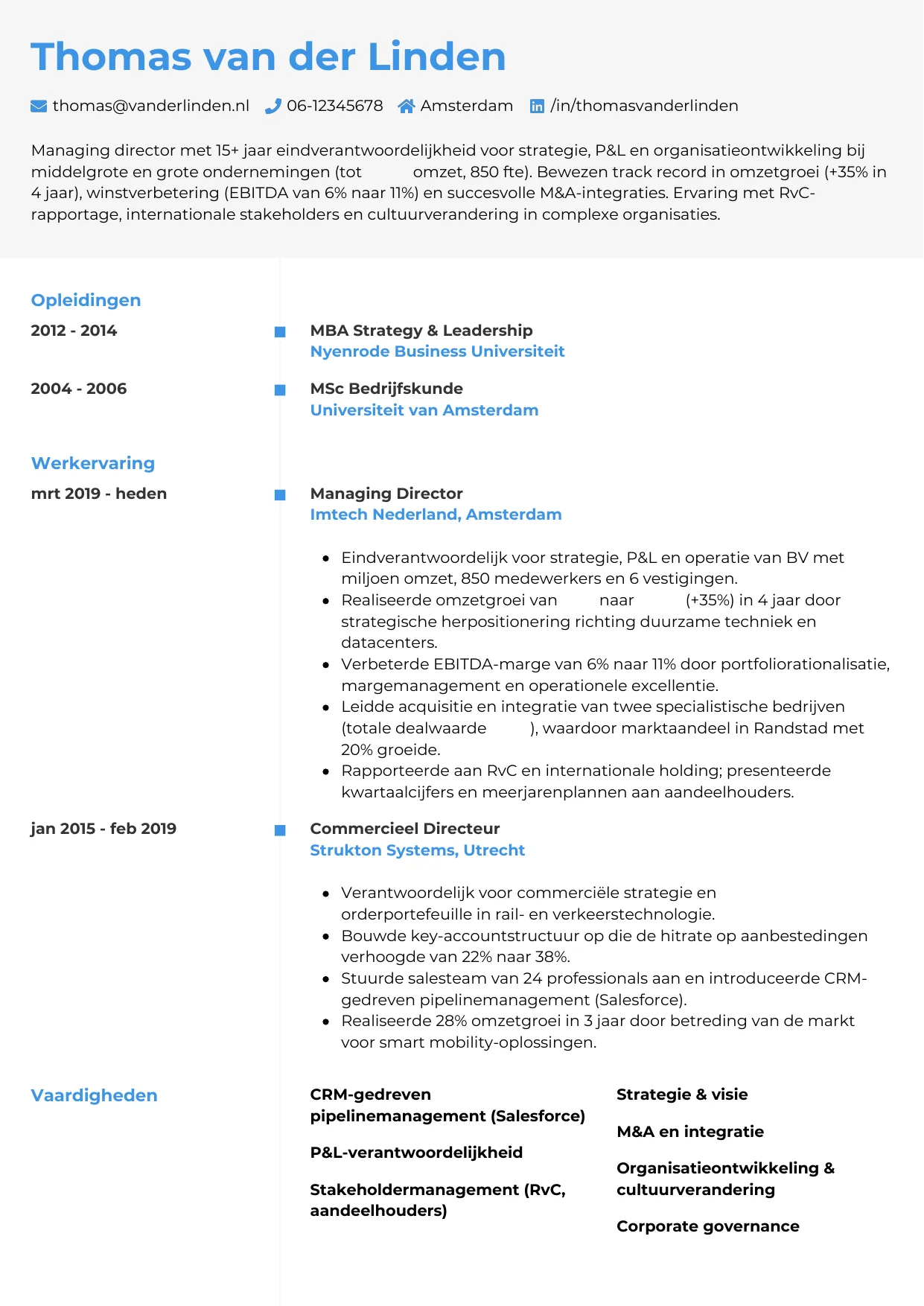 Voorbeeld CV voor managing director in template Chrono. CV Chrono voor managing director
