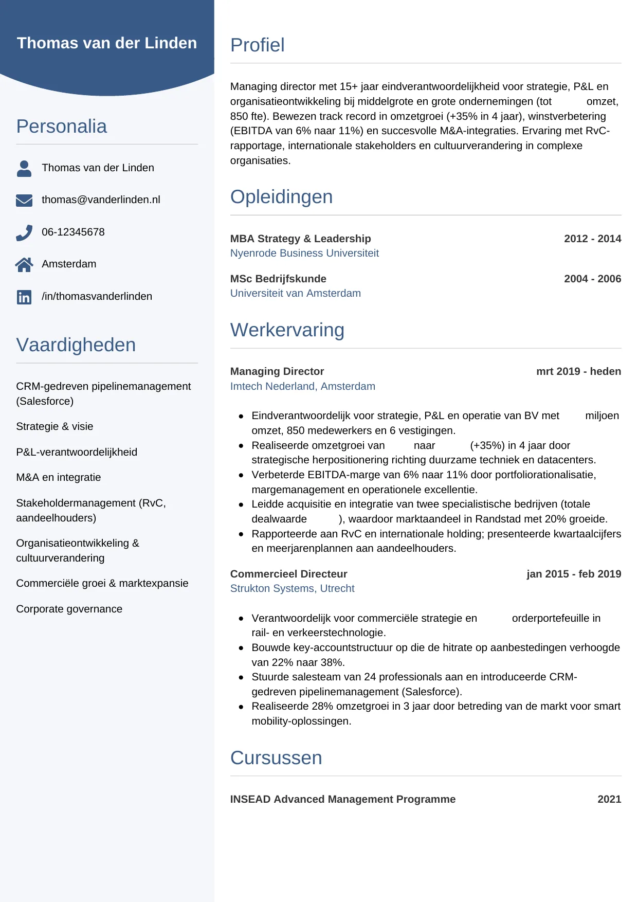 Voorbeeld CV voor managing director in template Circulair. CV Circulair voor managing director