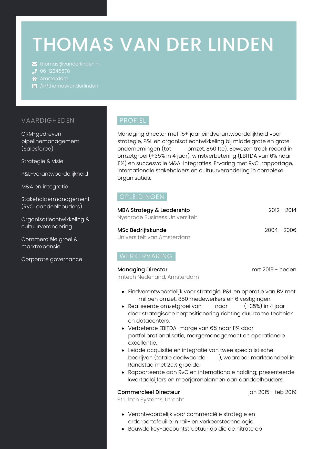 Voorbeeld CV voor managing director in template Elegant. CV Elegant voor managing director