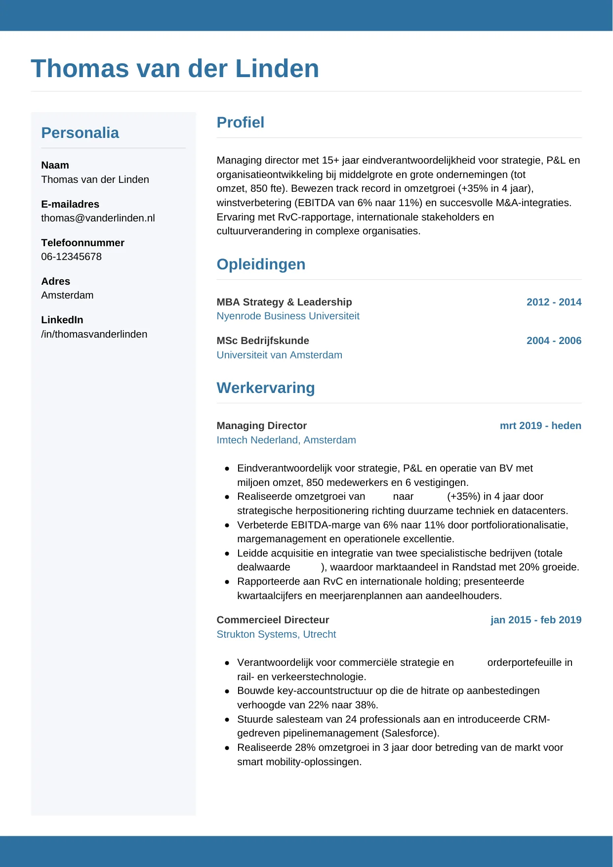 Voorbeeld CV voor managing director in template Horizontaal. CV Horizontaal voor managing director