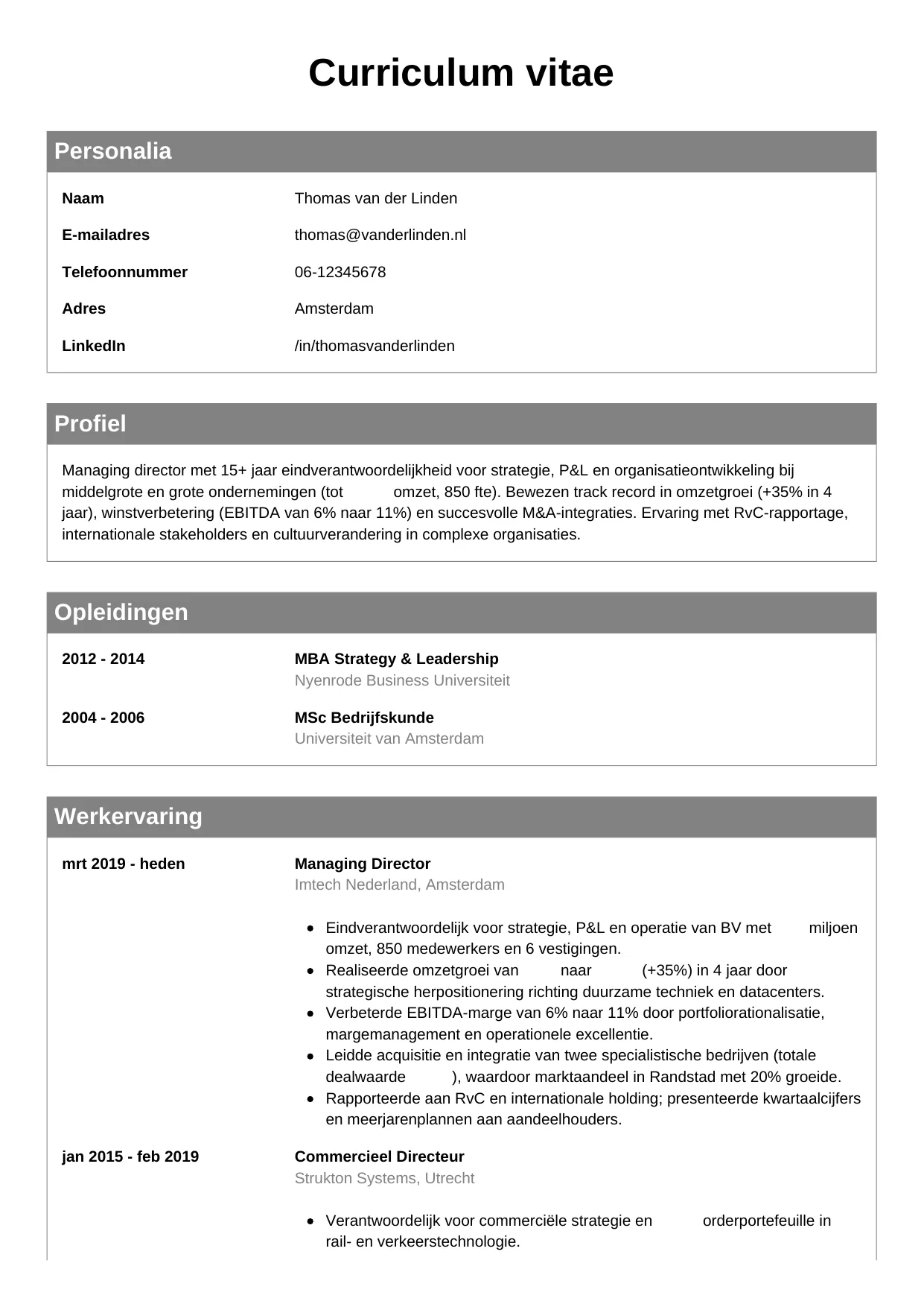 Voorbeeld CV voor managing director in template Klassiek. CV Klassiek voor managing director
