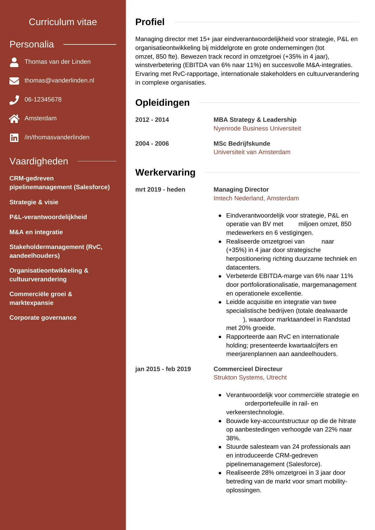 Voorbeeld CV voor managing director in template Modern. CV Modern voor managing director