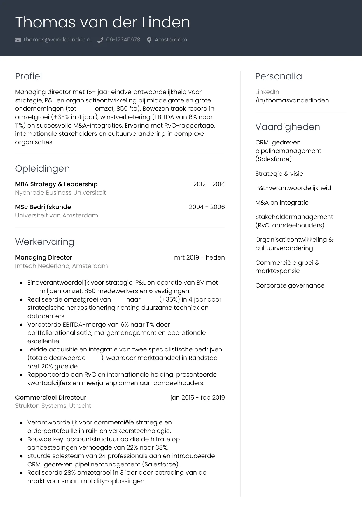 Voorbeeld CV voor managing director in template Professioneel. CV Professioneel voor managing director