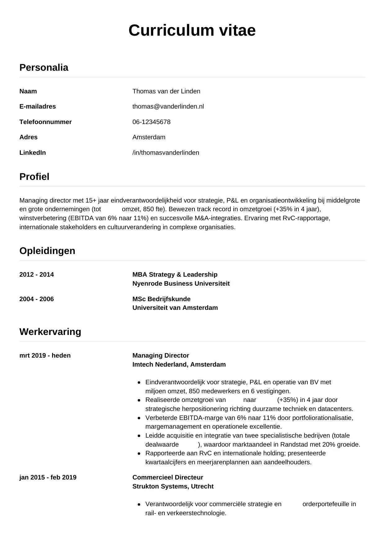 Voorbeeld CV voor managing director in template Simpel. CV Simpel voor managing director