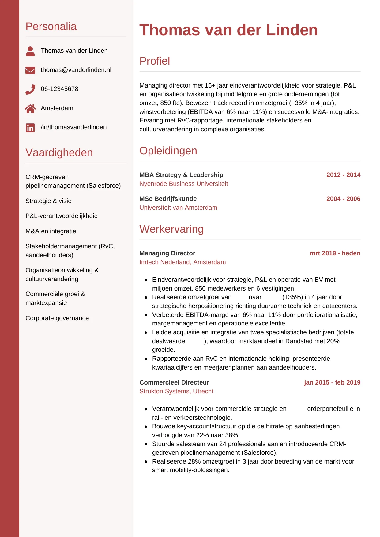 Voorbeeld CV voor managing director in template Verticaal. CV Verticaal voor managing director