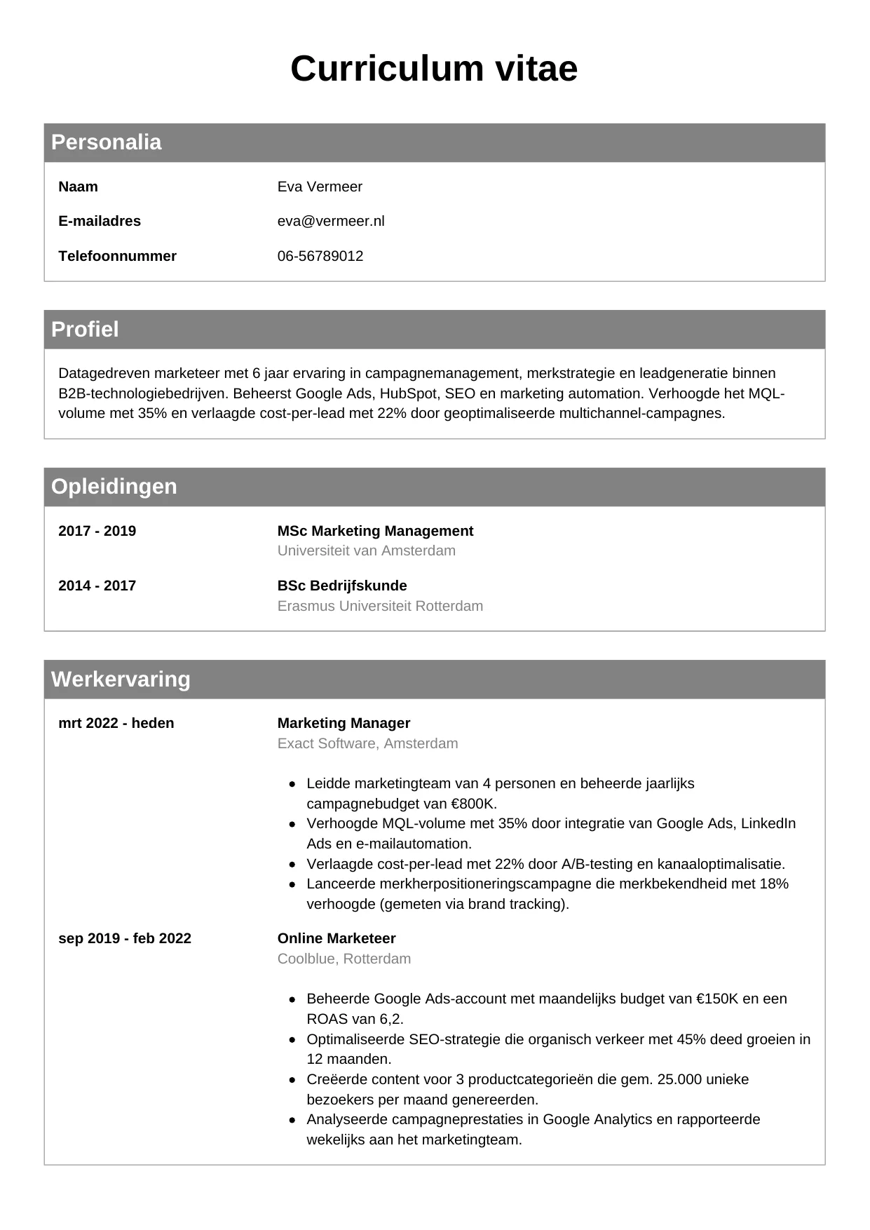 CV Klassiek voor marketeer