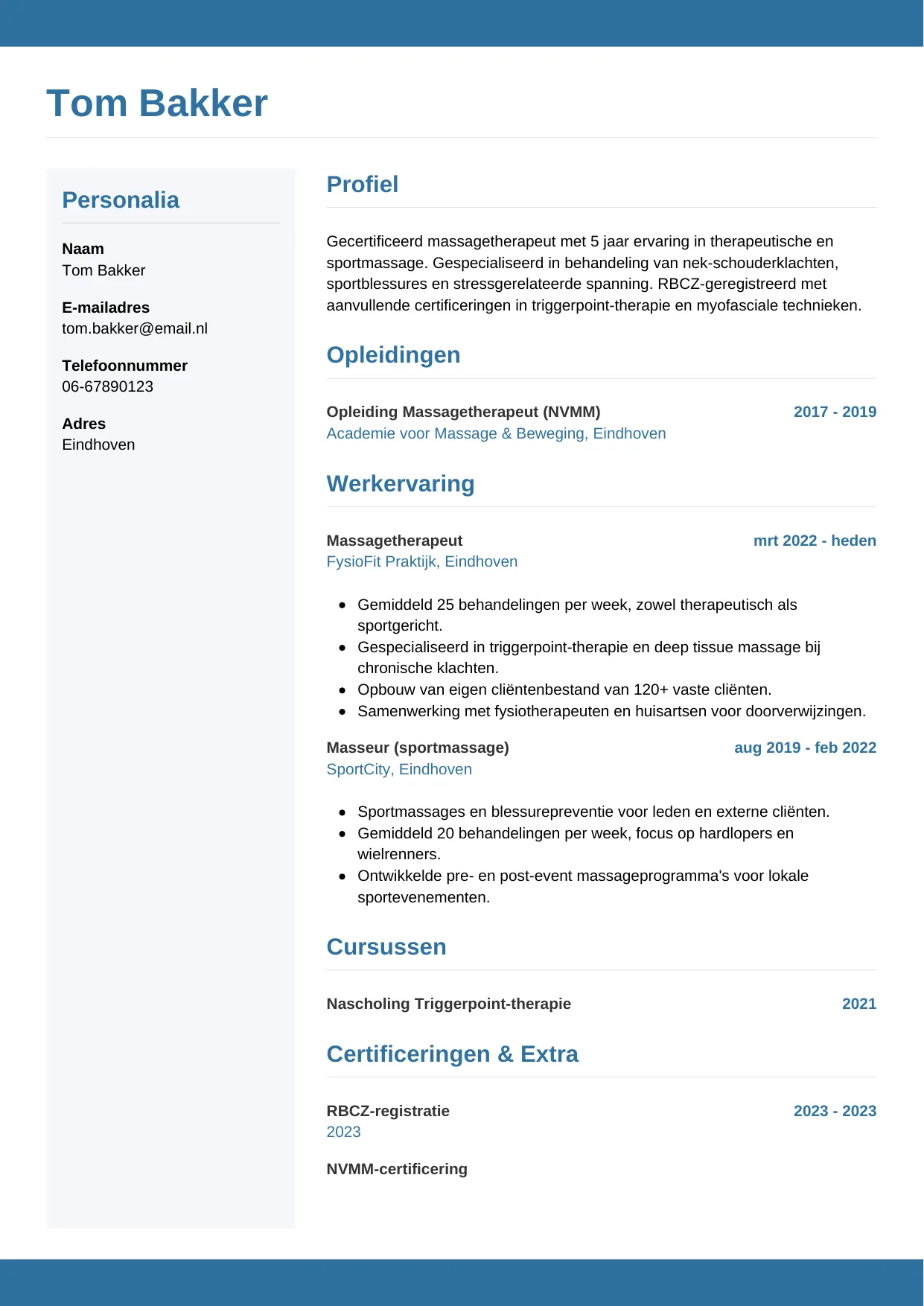 CV Horizontaal voor masseur