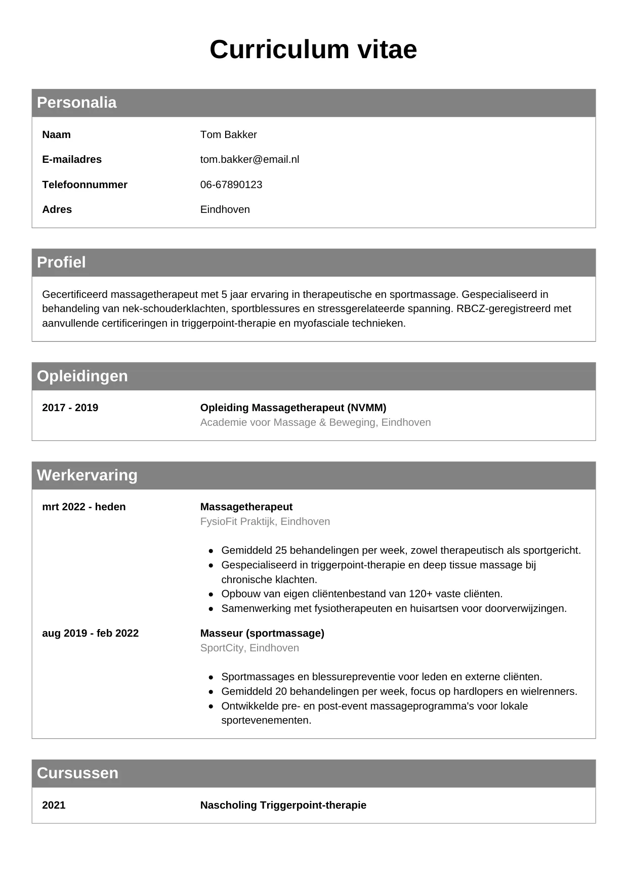 CV Klassiek voor masseur