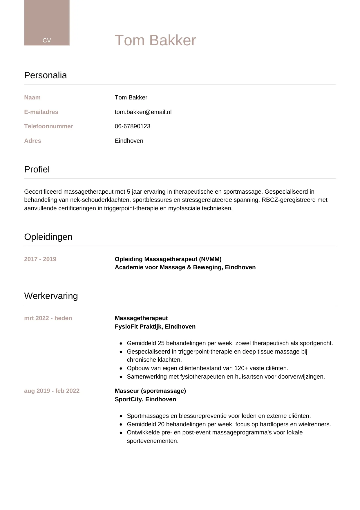 CV Luxe voor masseur