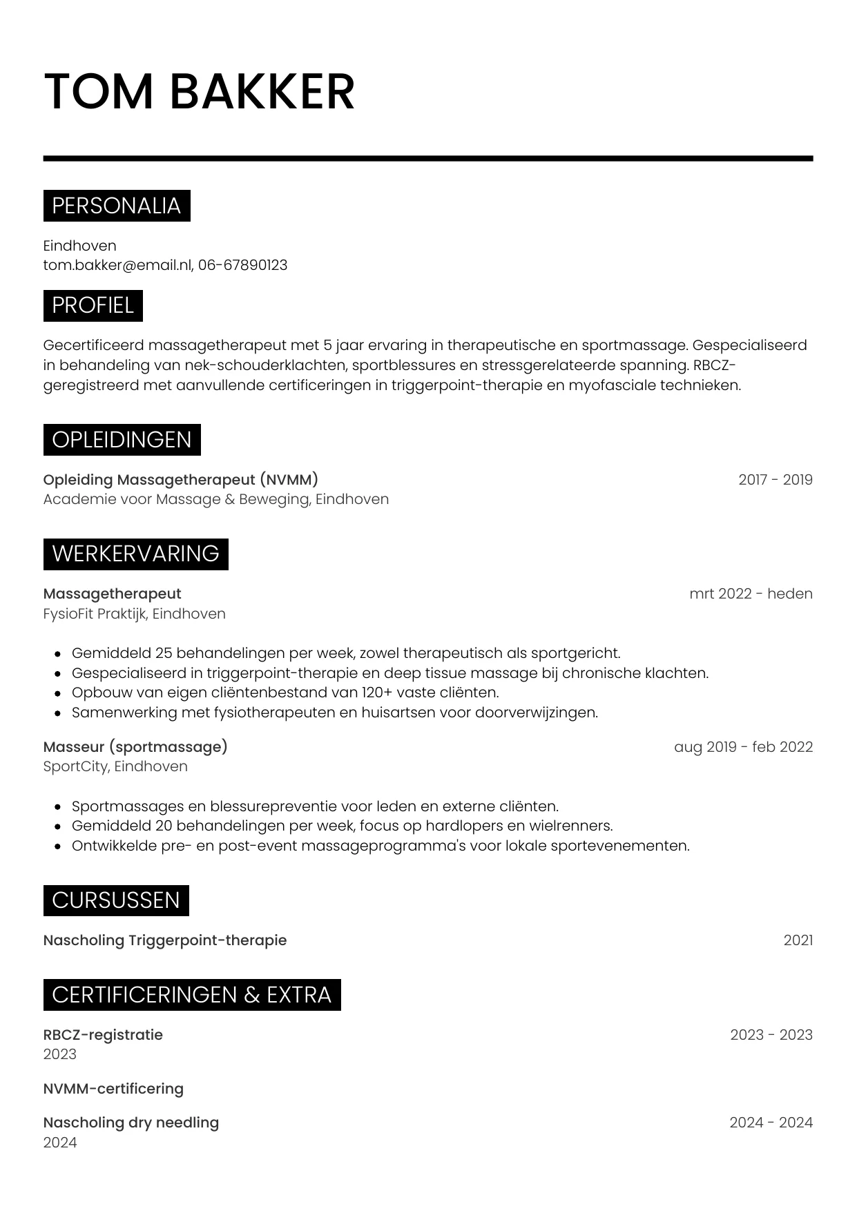 CV Metro voor masseur