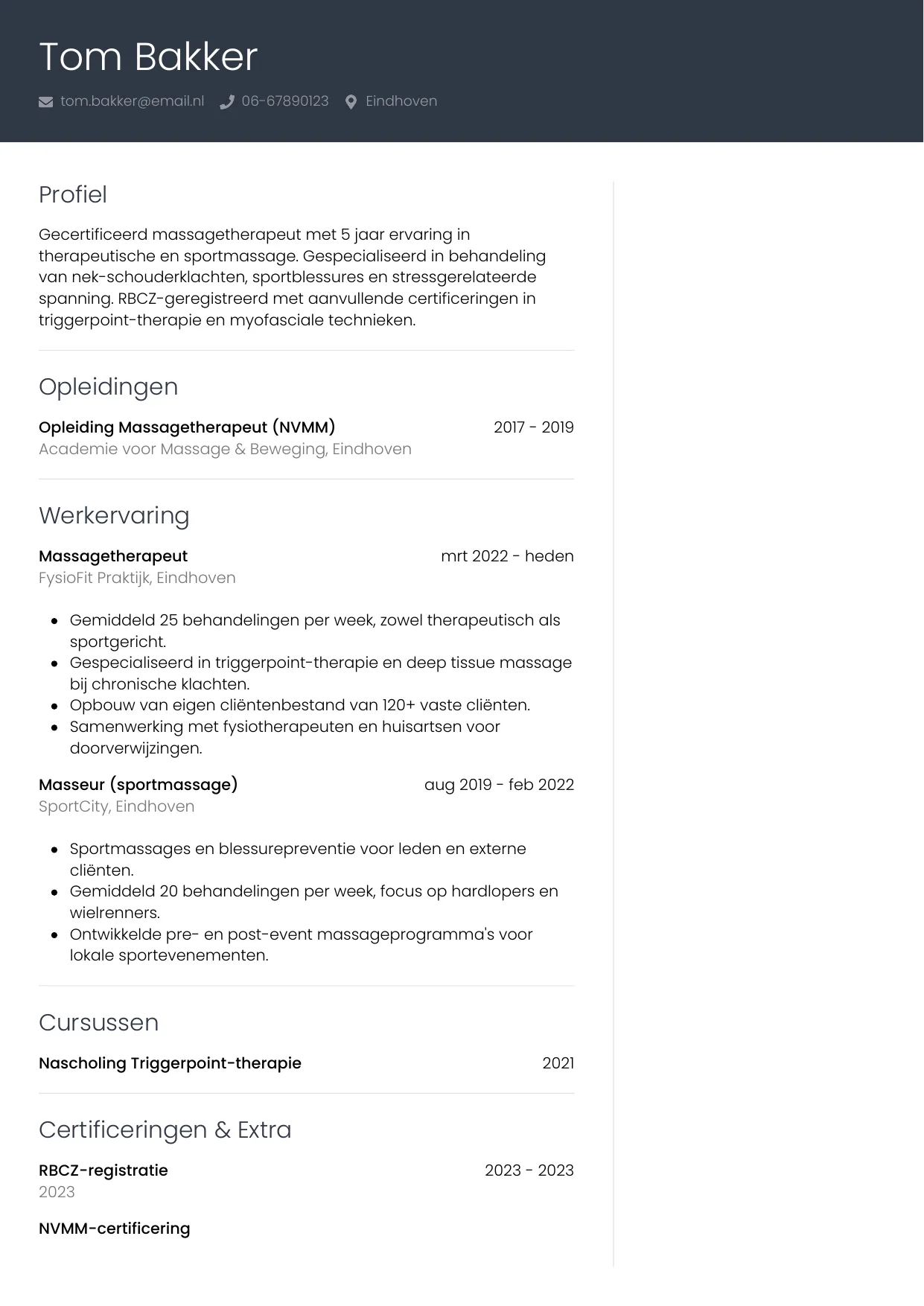 CV Professioneel voor masseur