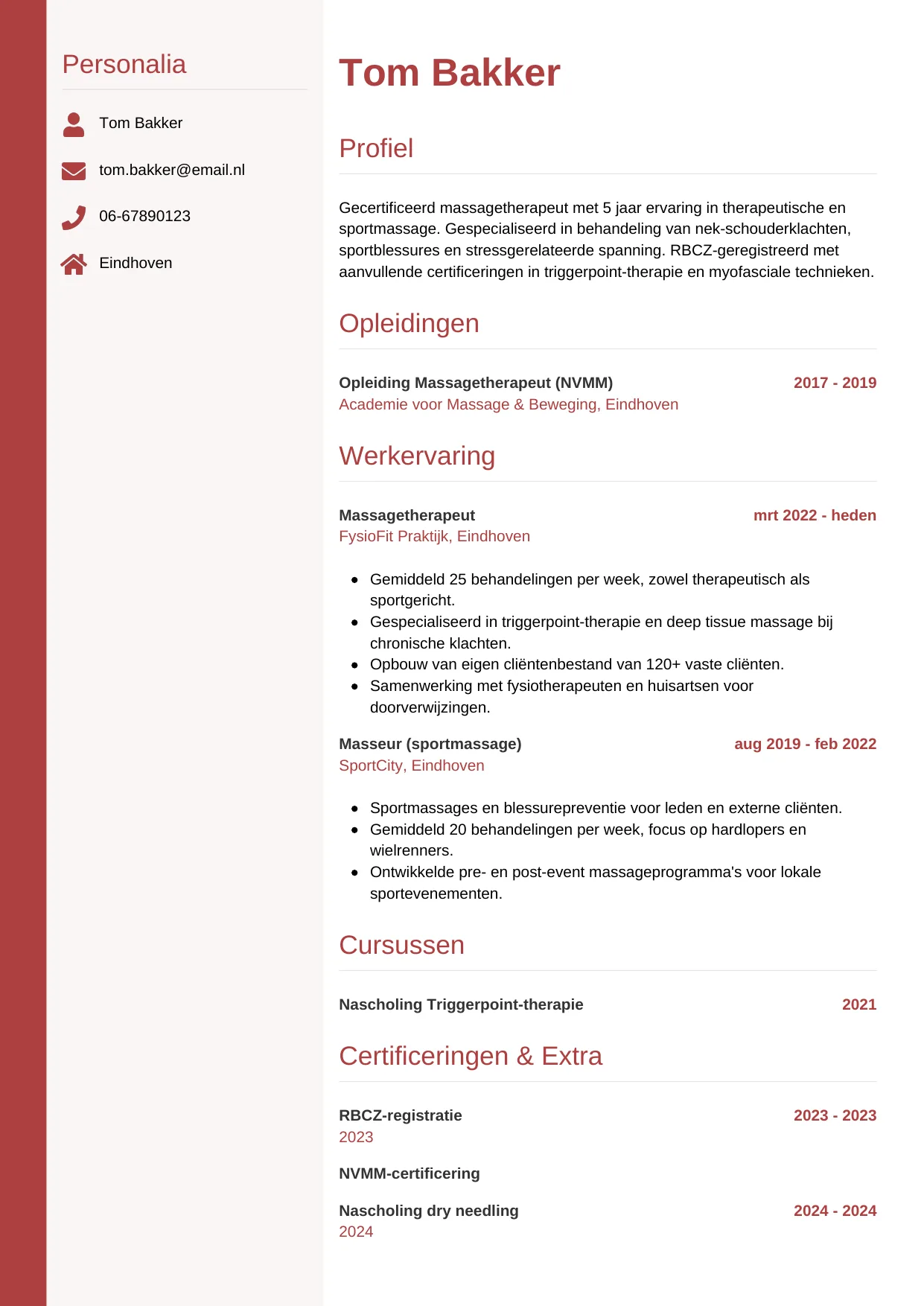 CV Verticaal voor masseur