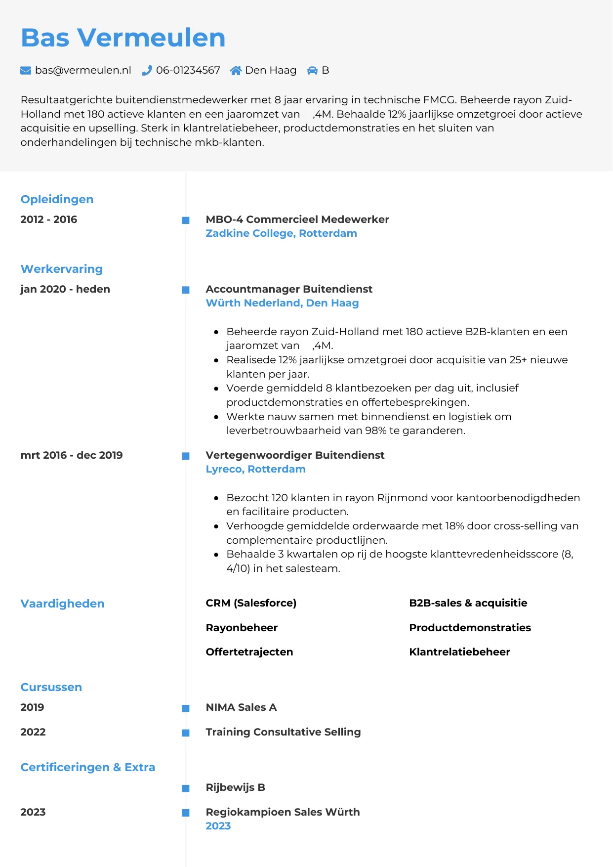 Voorbeeld CV voor medewerker buitendienst in template Chrono. CV Chrono voor medewerker buitendienst