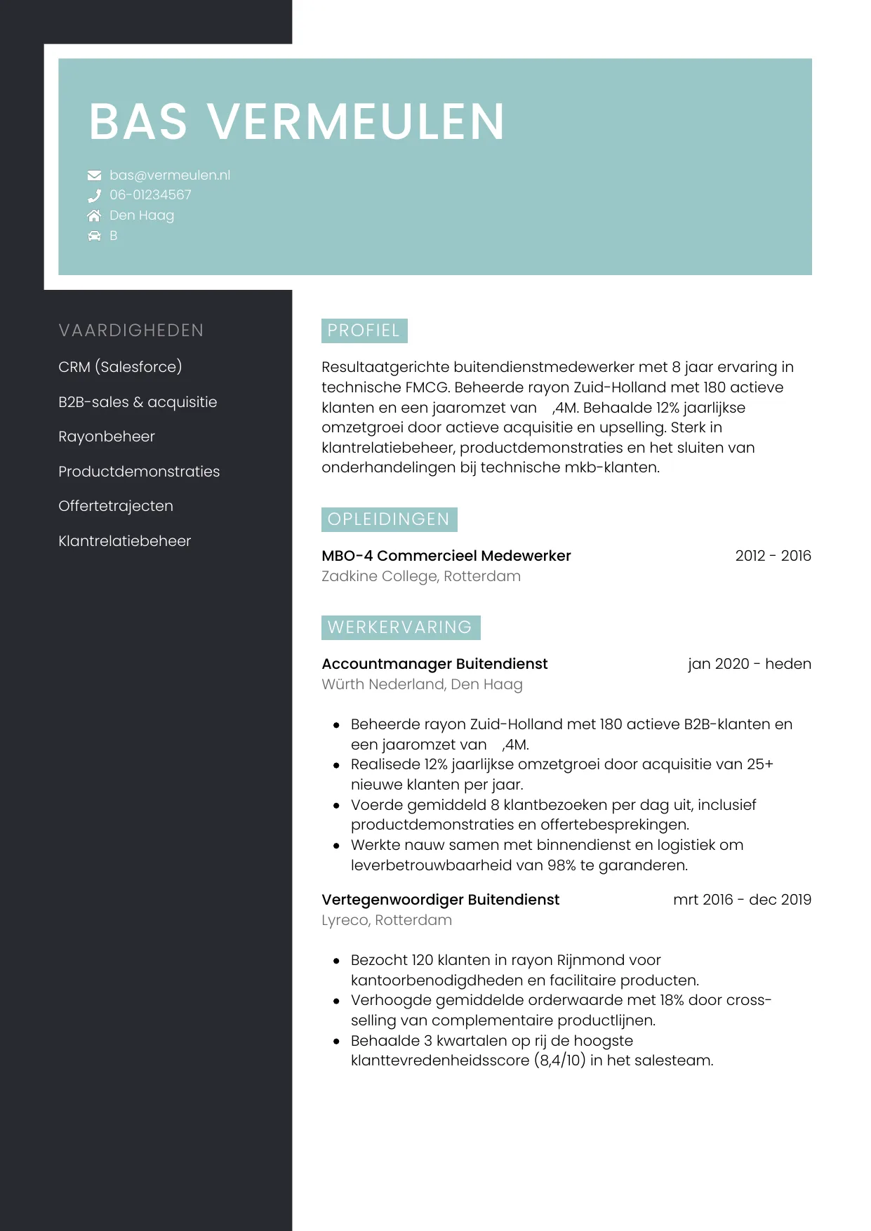 Voorbeeld CV voor medewerker buitendienst in template Elegant. CV Elegant voor medewerker buitendienst