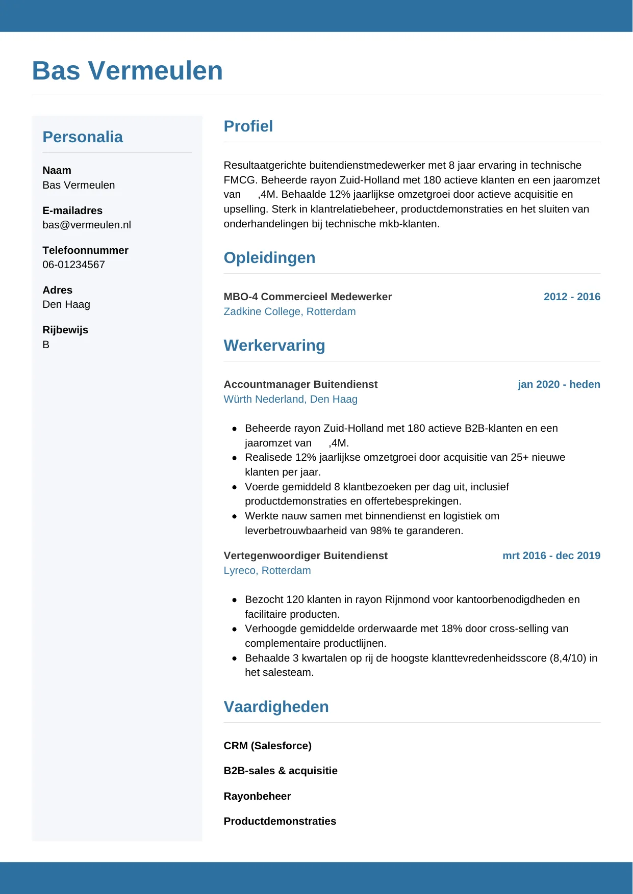 Voorbeeld CV voor medewerker buitendienst in template Horizontaal. CV Horizontaal voor medewerker buitendienst