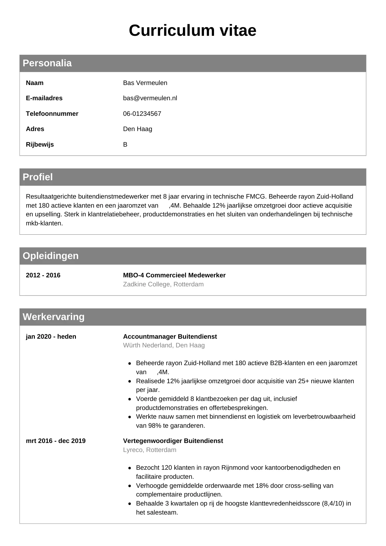 Voorbeeld CV voor medewerker buitendienst in template Klassiek. CV Klassiek voor medewerker buitendienst