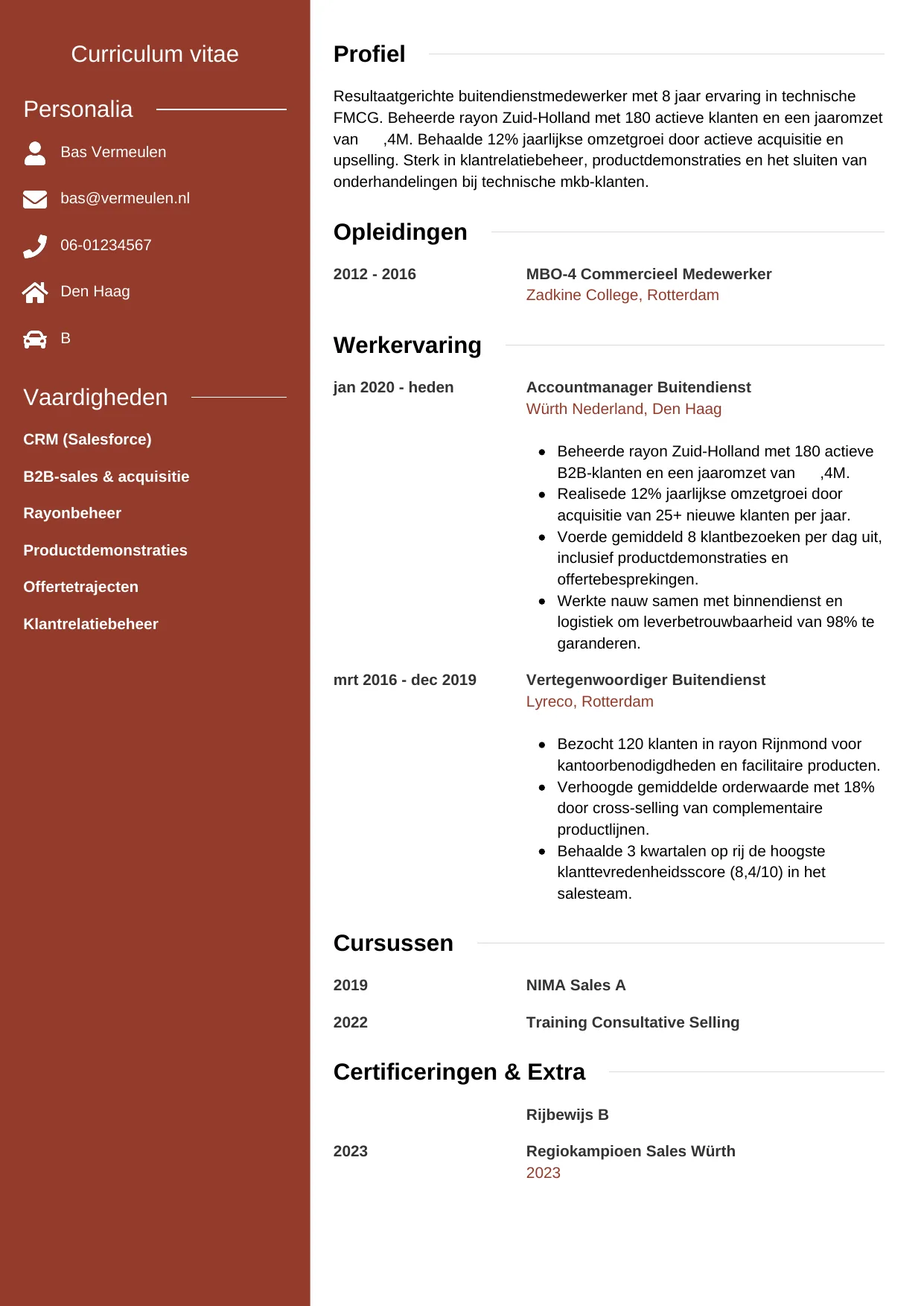 Voorbeeld CV voor medewerker buitendienst in template Modern. CV Modern voor medewerker buitendienst