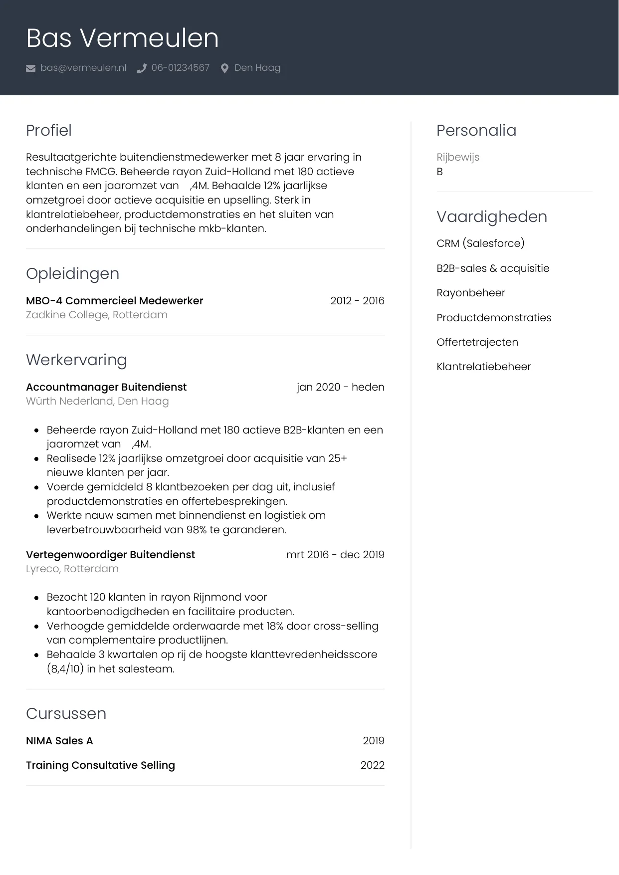Voorbeeld CV voor medewerker buitendienst in template Professioneel. CV Professioneel voor medewerker buitendienst