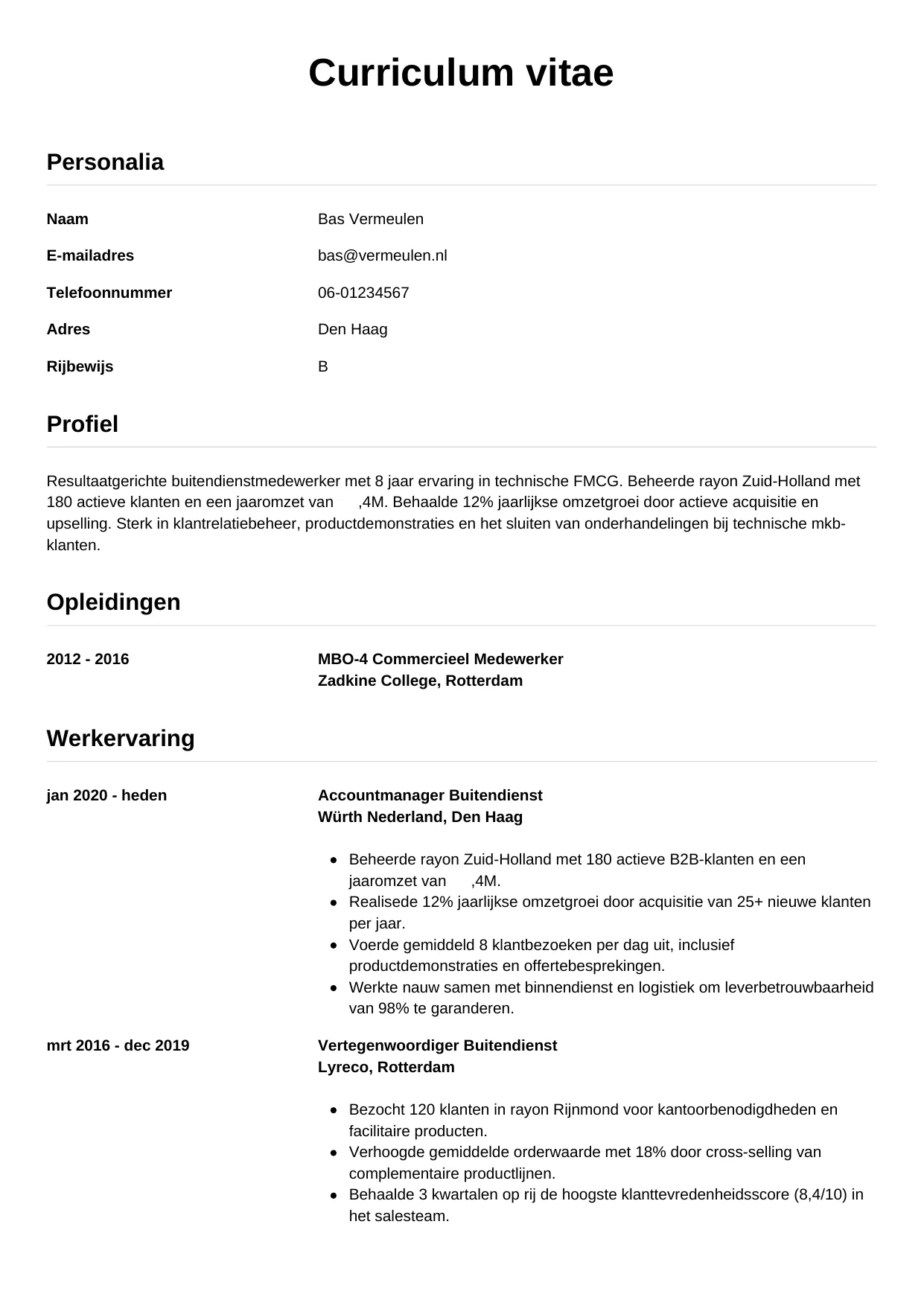 Voorbeeld CV voor medewerker buitendienst in template Simpel. CV Simpel voor medewerker buitendienst