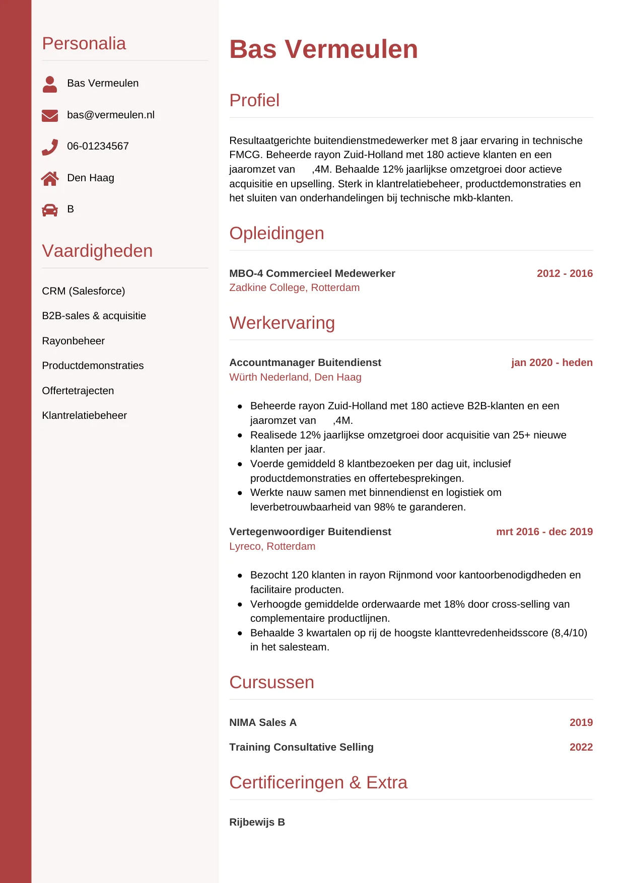 Voorbeeld CV voor medewerker buitendienst in template Verticaal. CV Verticaal voor medewerker buitendienst