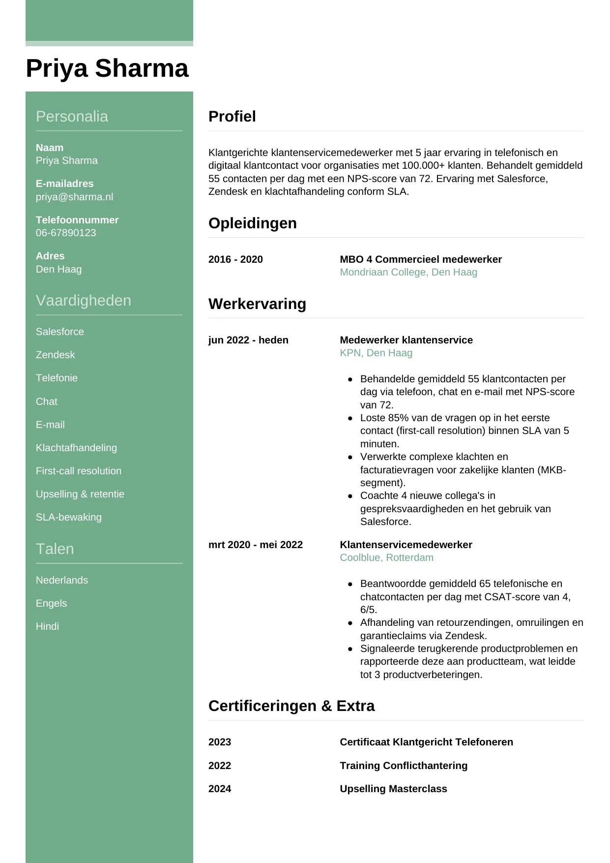 Voorbeeld CV voor medewerker klantenservice in template Casual. CV Casual voor medewerker klantenservice
