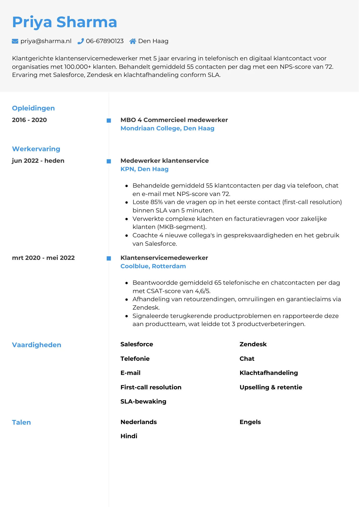 Voorbeeld CV voor medewerker klantenservice in template Chrono. CV Chrono voor medewerker klantenservice