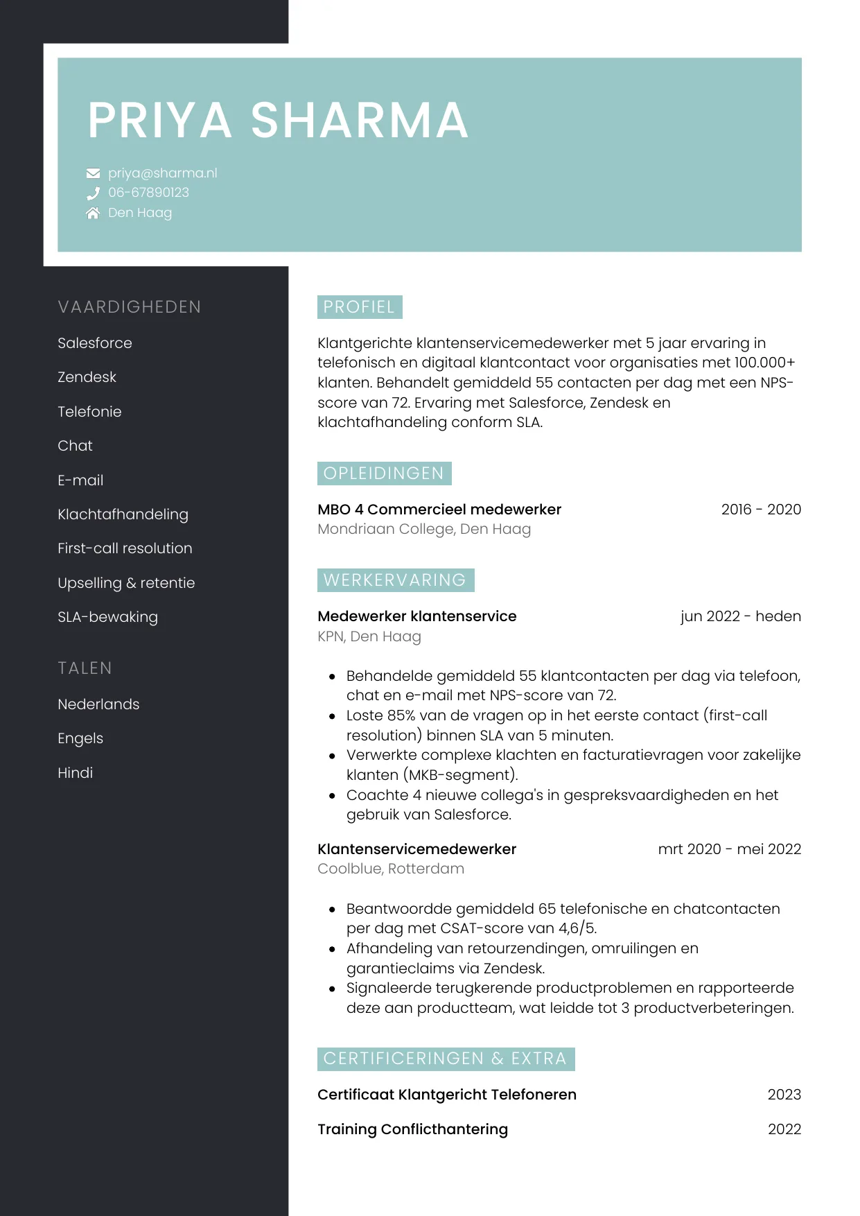 Voorbeeld CV voor medewerker klantenservice in template Elegant. CV Elegant voor medewerker klantenservice