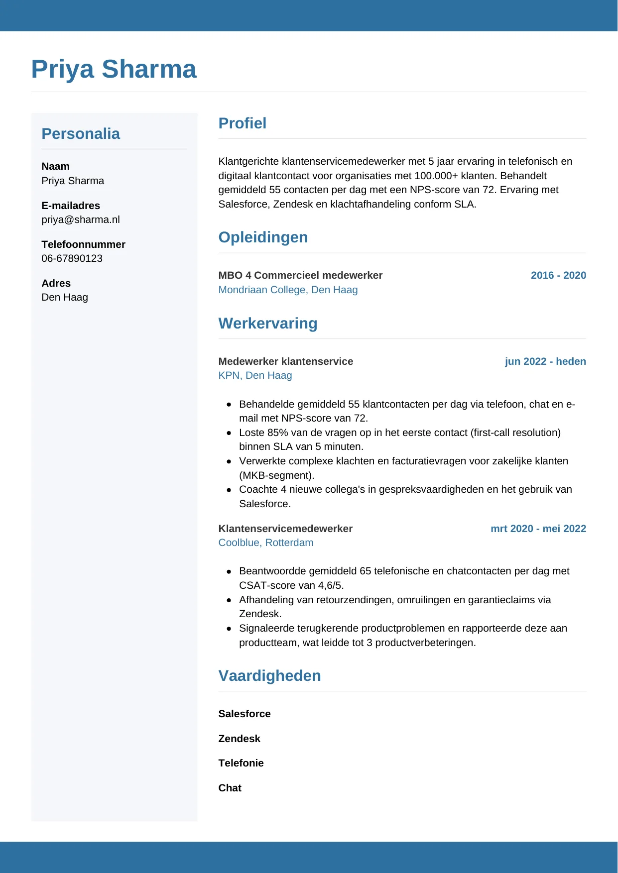 Voorbeeld CV voor medewerker klantenservice in template Horizontaal. CV Horizontaal voor medewerker klantenservice