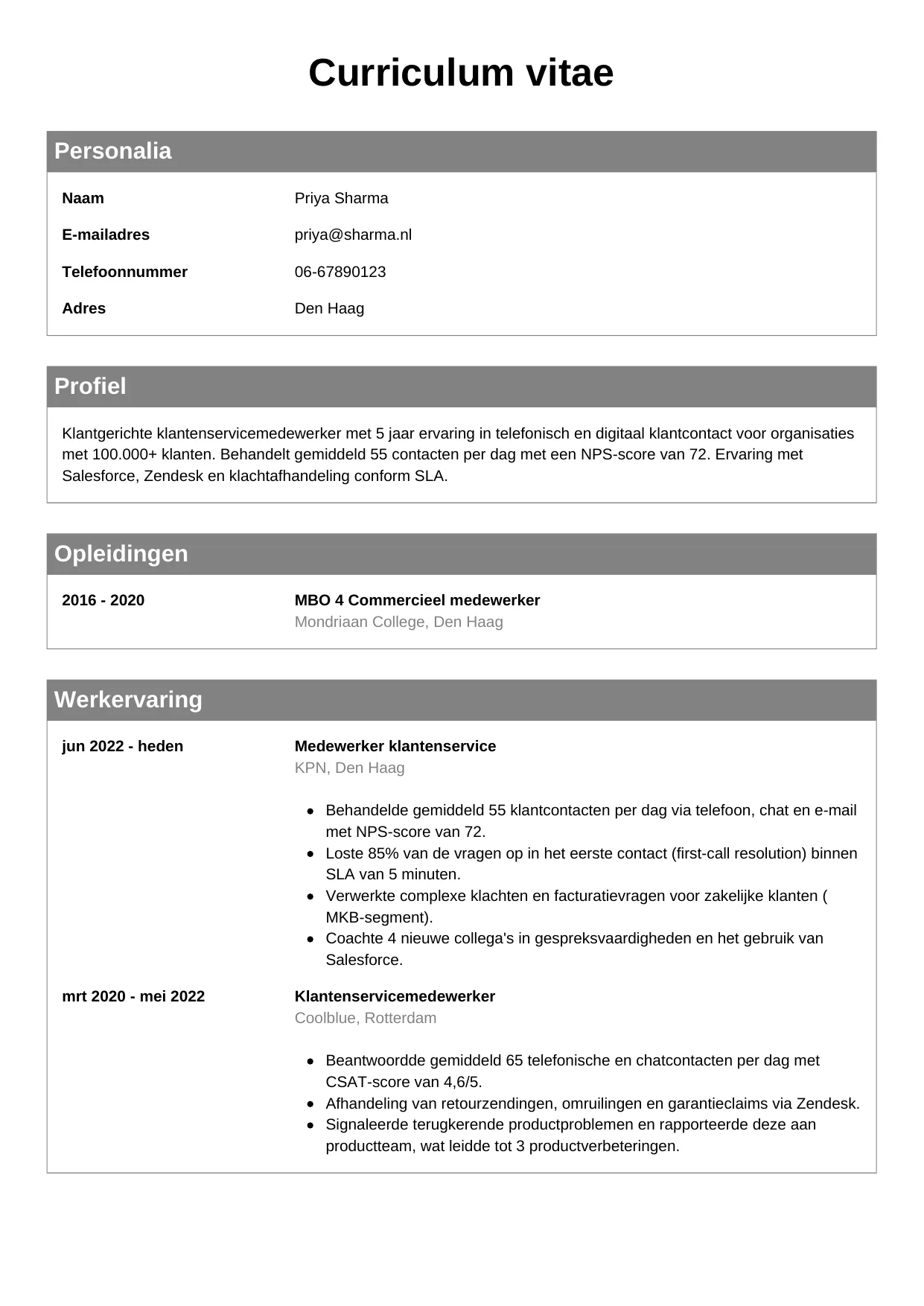 Voorbeeld CV voor medewerker klantenservice in template Klassiek. CV Klassiek voor medewerker klantenservice