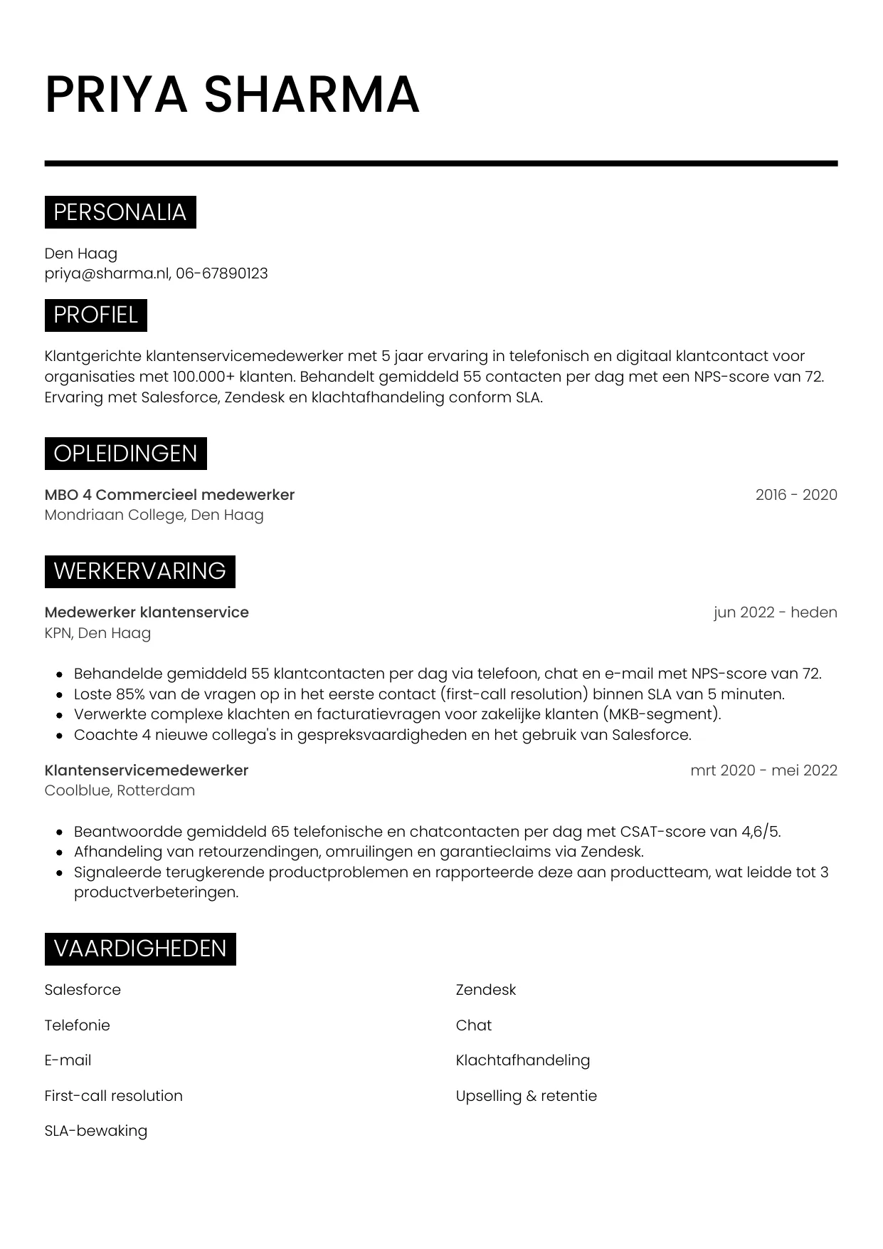 Voorbeeld CV voor medewerker klantenservice in template Metro. CV Metro voor medewerker klantenservice