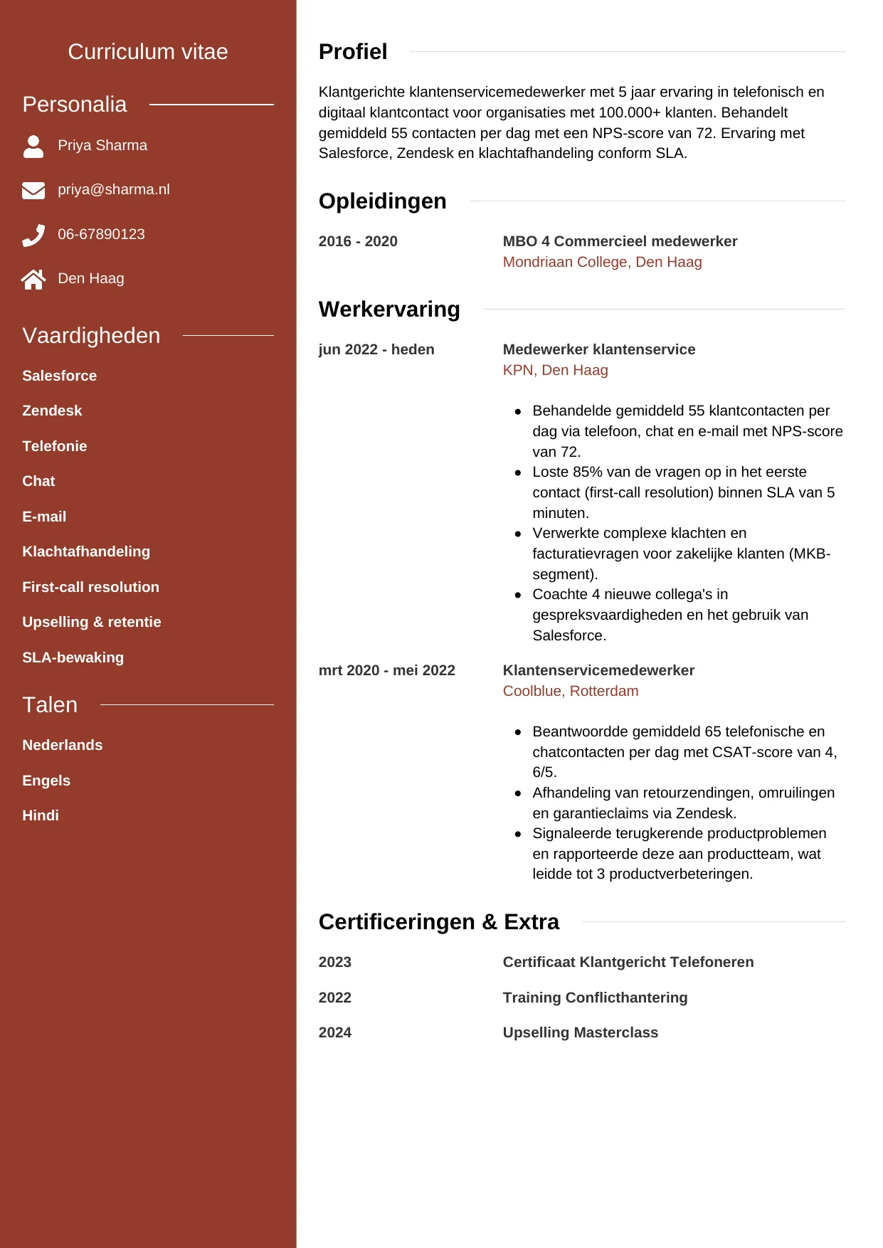 Voorbeeld CV voor medewerker klantenservice in template Modern. CV Modern voor medewerker klantenservice