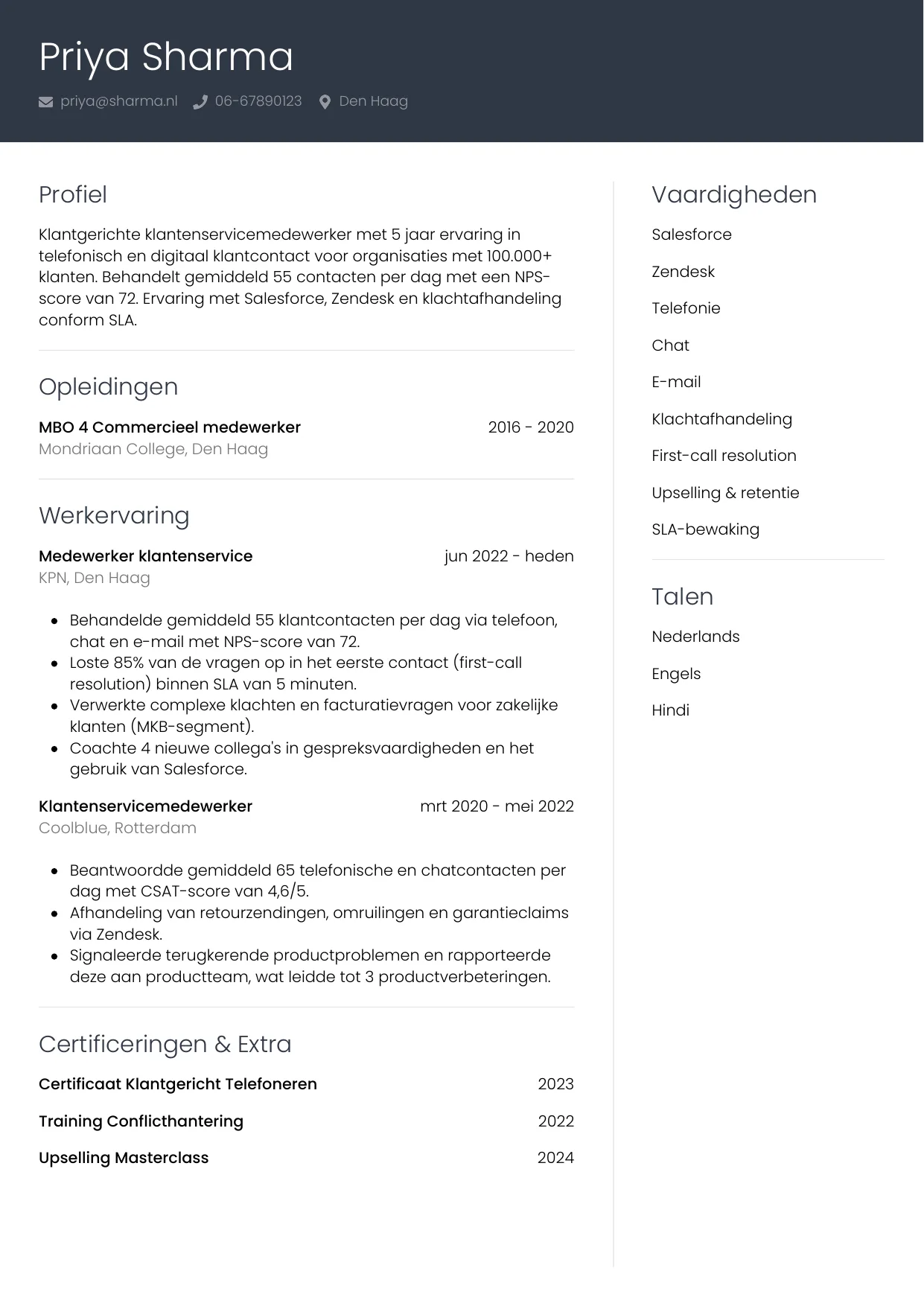 Voorbeeld CV voor medewerker klantenservice in template Professioneel. CV Professioneel voor medewerker klantenservice