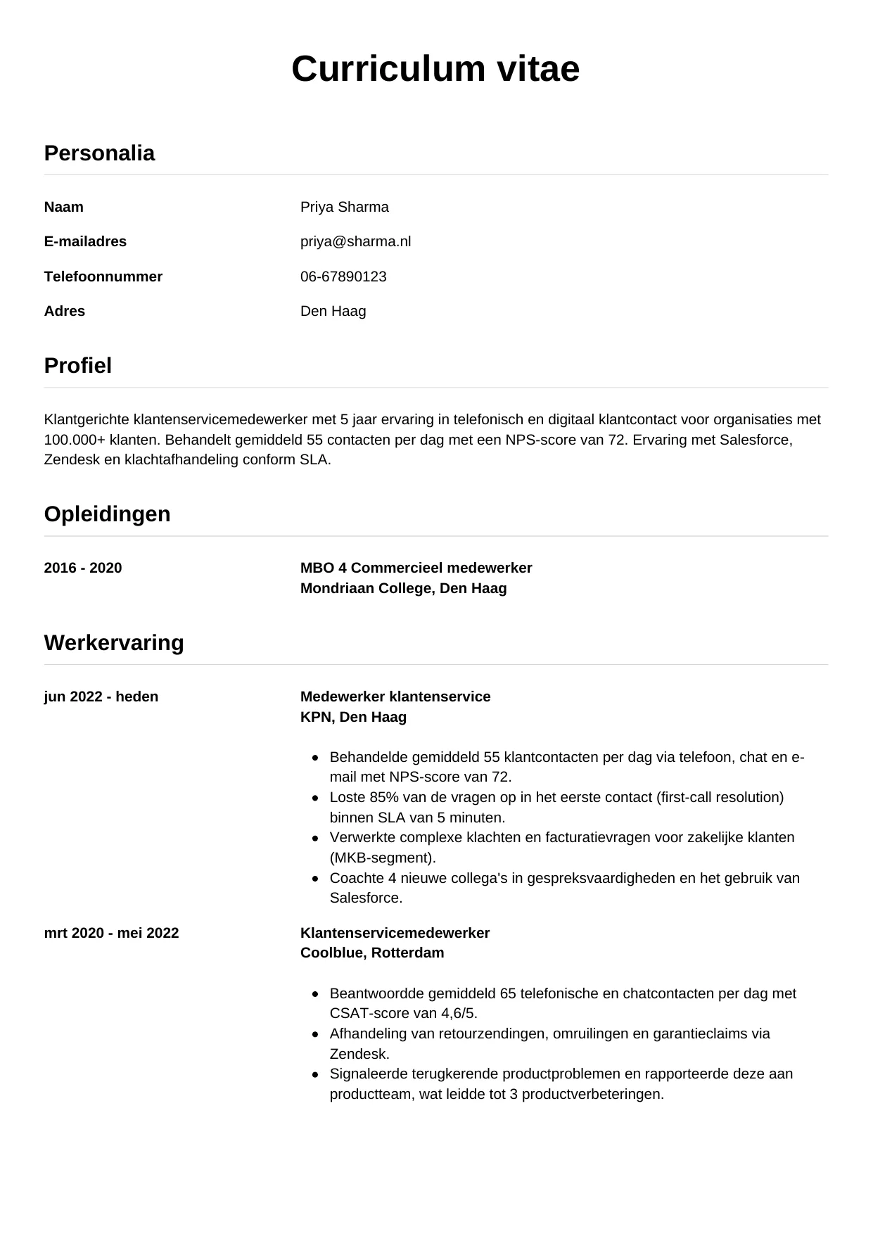 Voorbeeld CV voor medewerker klantenservice in template Simpel. CV Simpel voor medewerker klantenservice