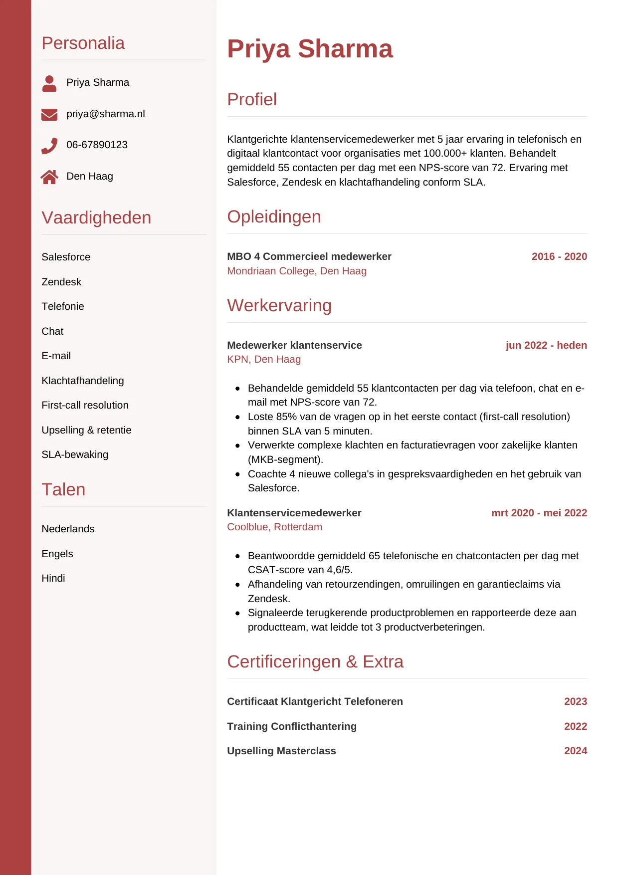 Voorbeeld CV voor medewerker klantenservice in template Verticaal. CV Verticaal voor medewerker klantenservice