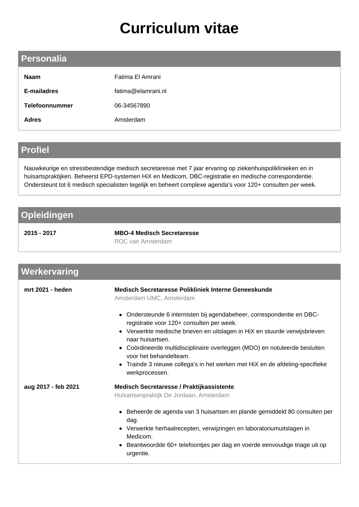 CV Klassiek voor medisch secretaresse