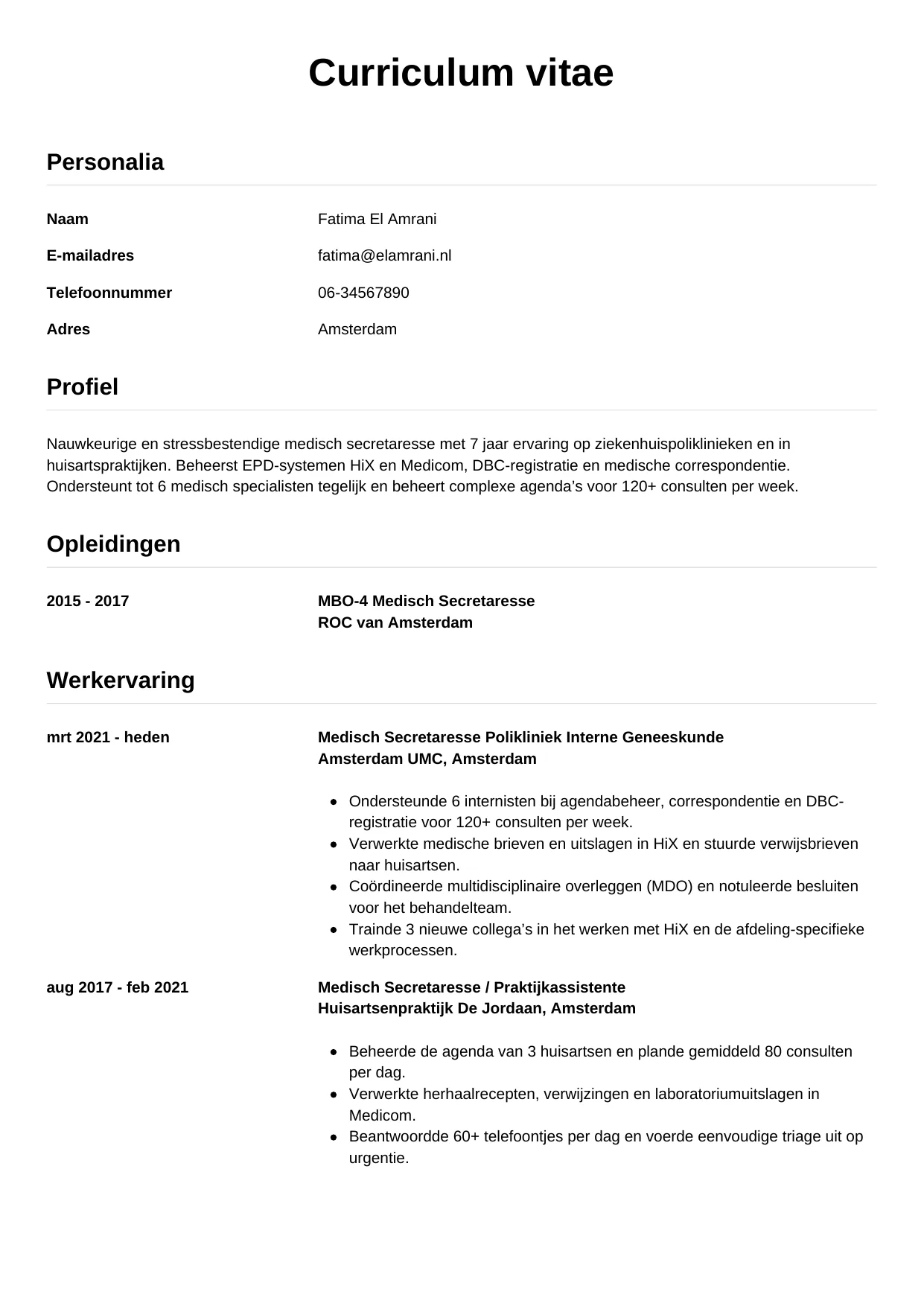 CV Simpel voor medisch secretaresse