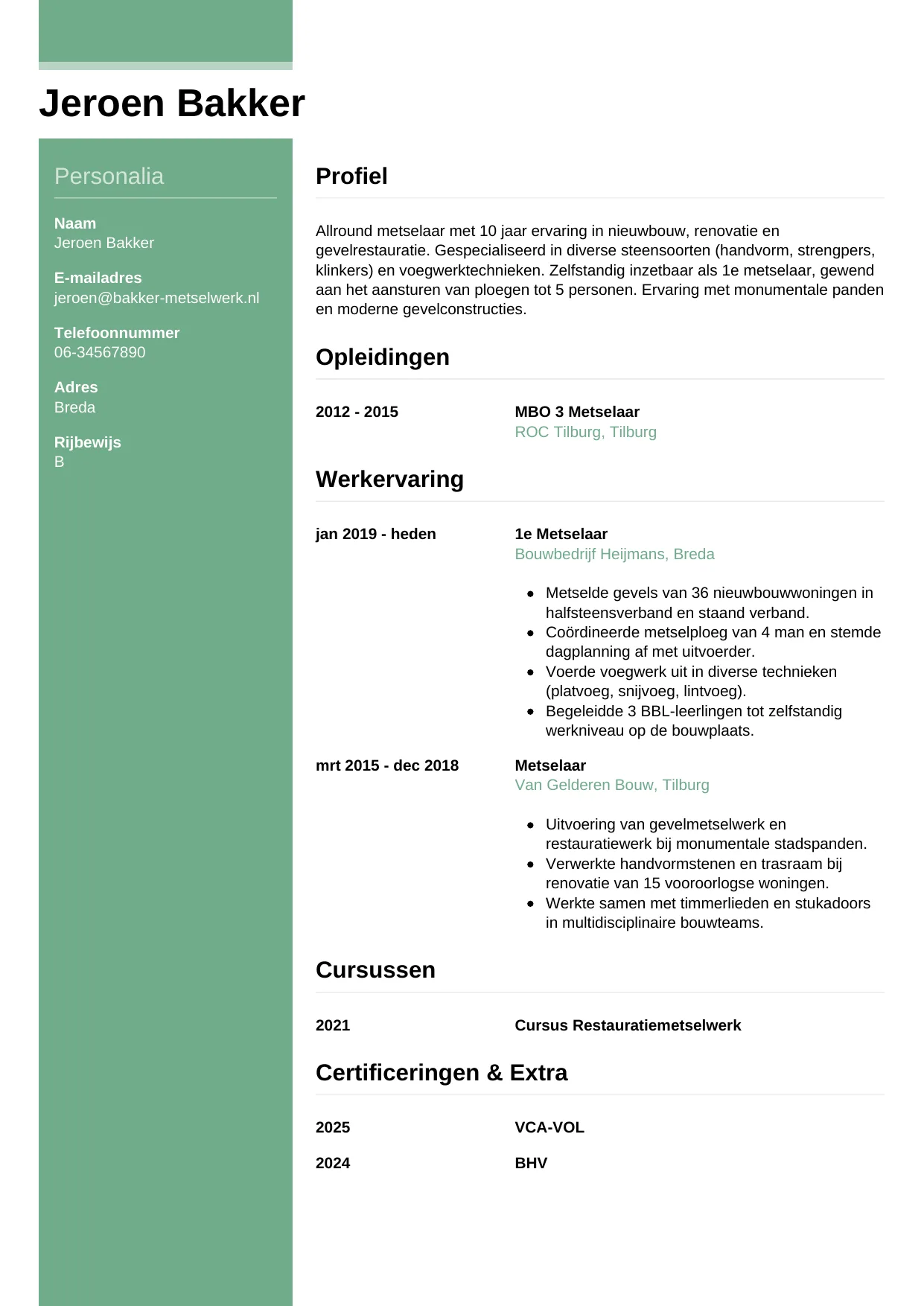 Voorbeeld CV voor metselaar in template Casual. CV Casual voor metselaar