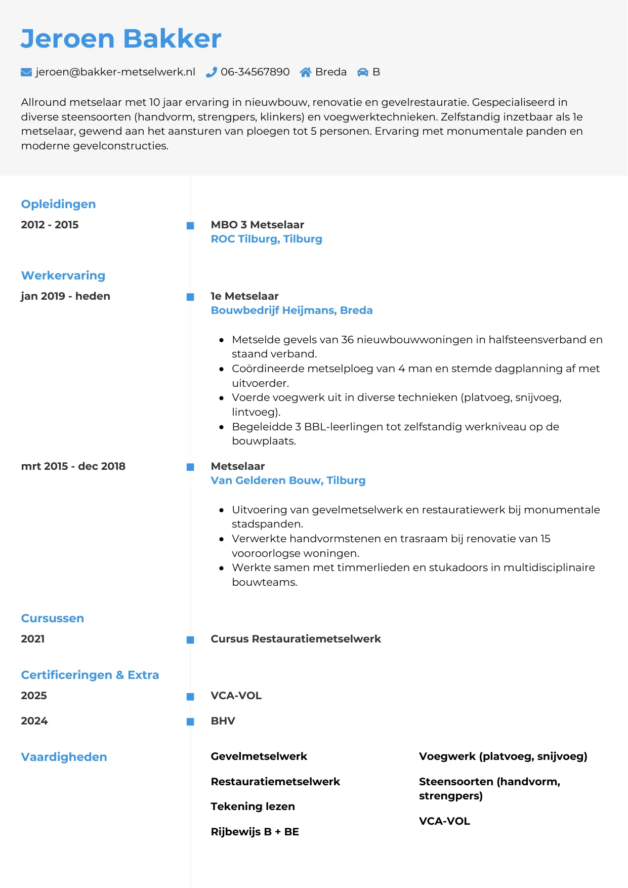 Voorbeeld CV voor metselaar in template Chrono. CV Chrono voor metselaar