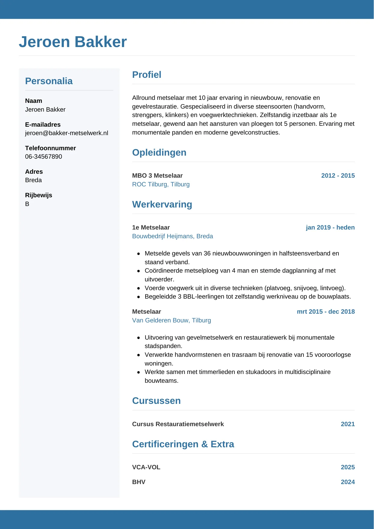Voorbeeld CV voor metselaar in template Horizontaal. CV Horizontaal voor metselaar
