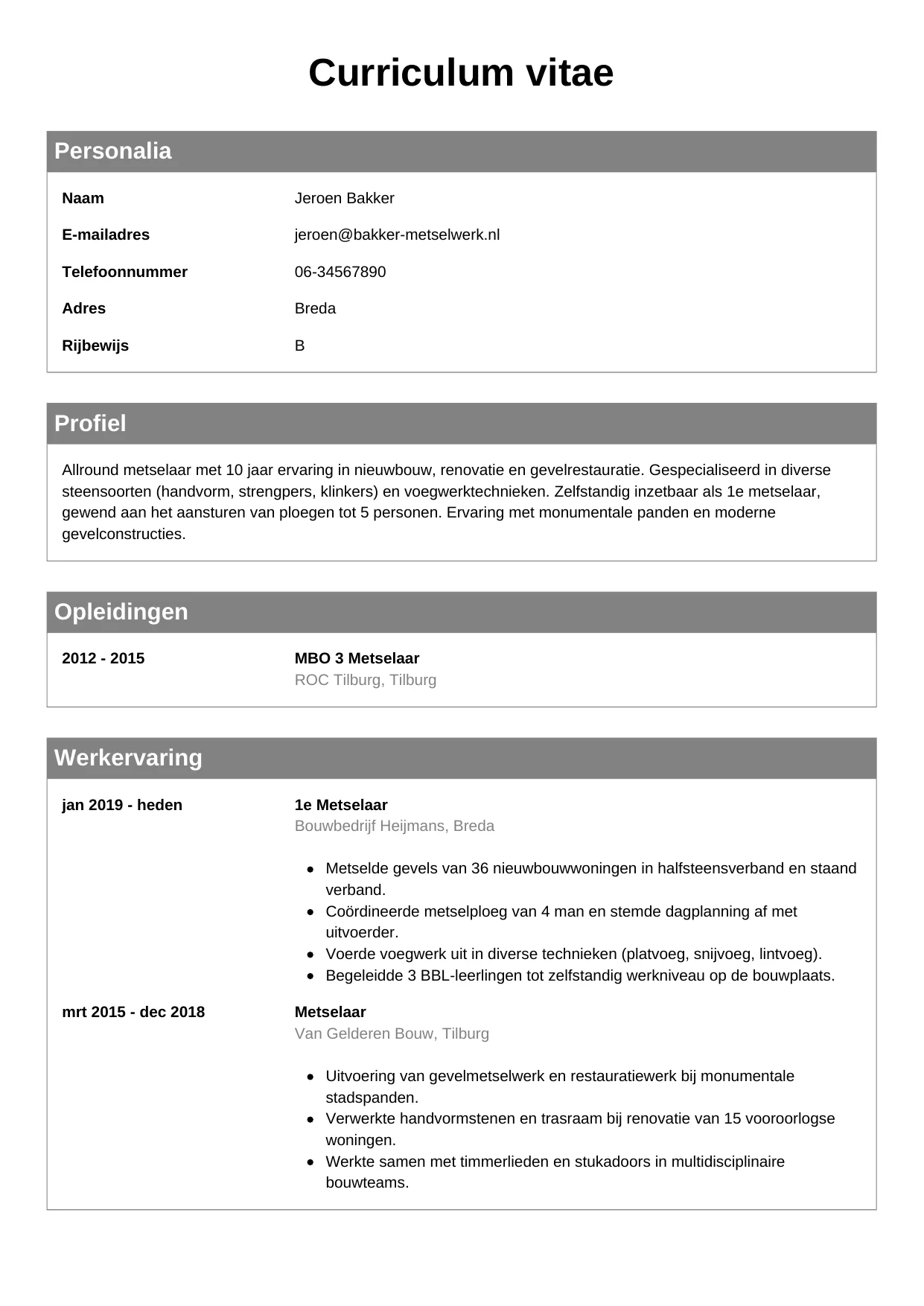 Voorbeeld CV voor metselaar in template Klassiek. CV Klassiek voor metselaar