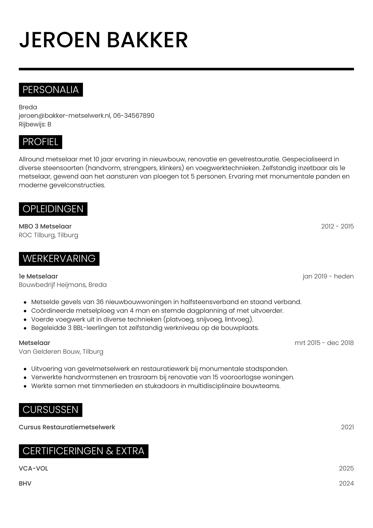 Voorbeeld CV voor metselaar in template Metro. CV Metro voor metselaar