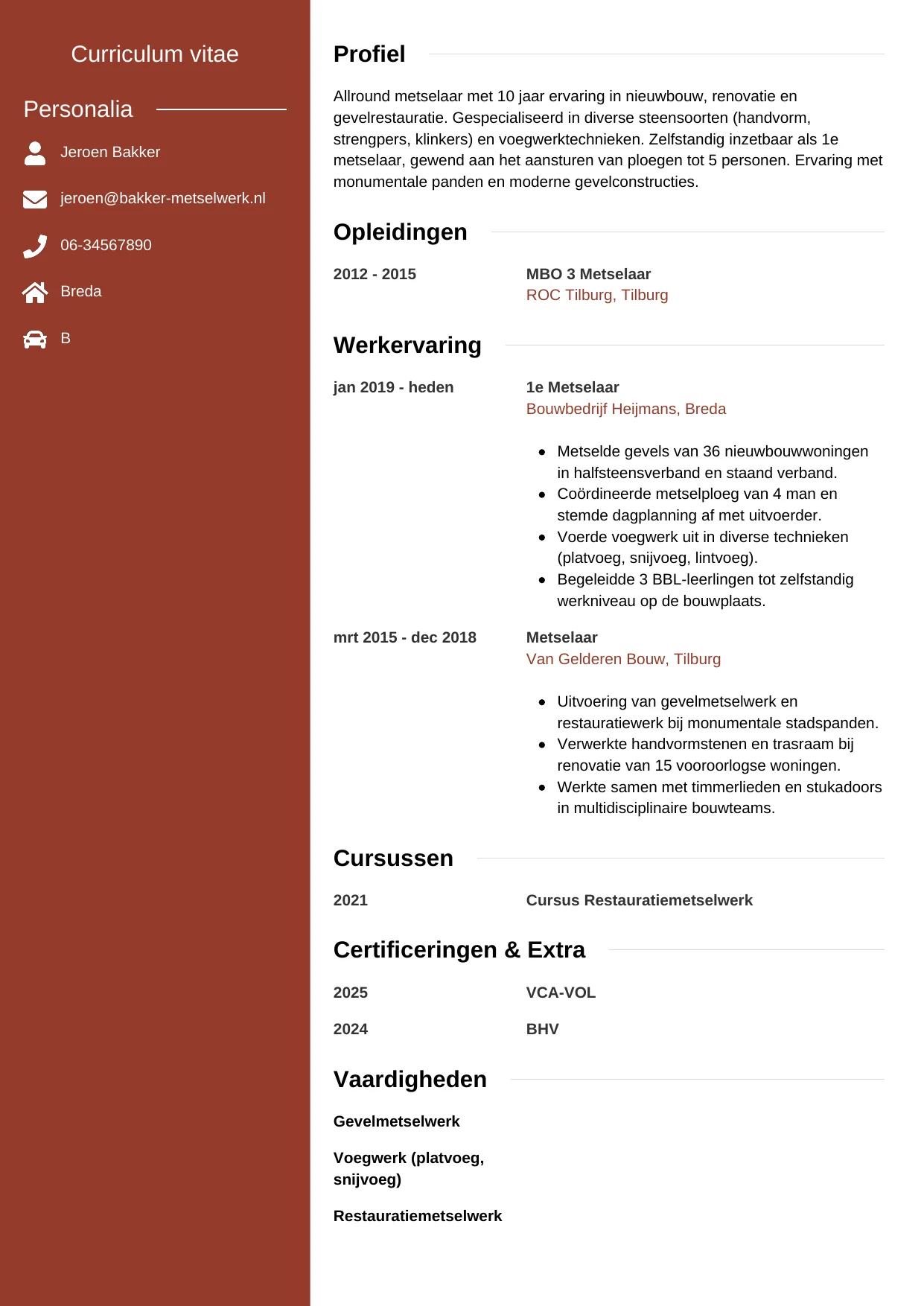 Voorbeeld CV voor metselaar in template Modern. CV Modern voor metselaar