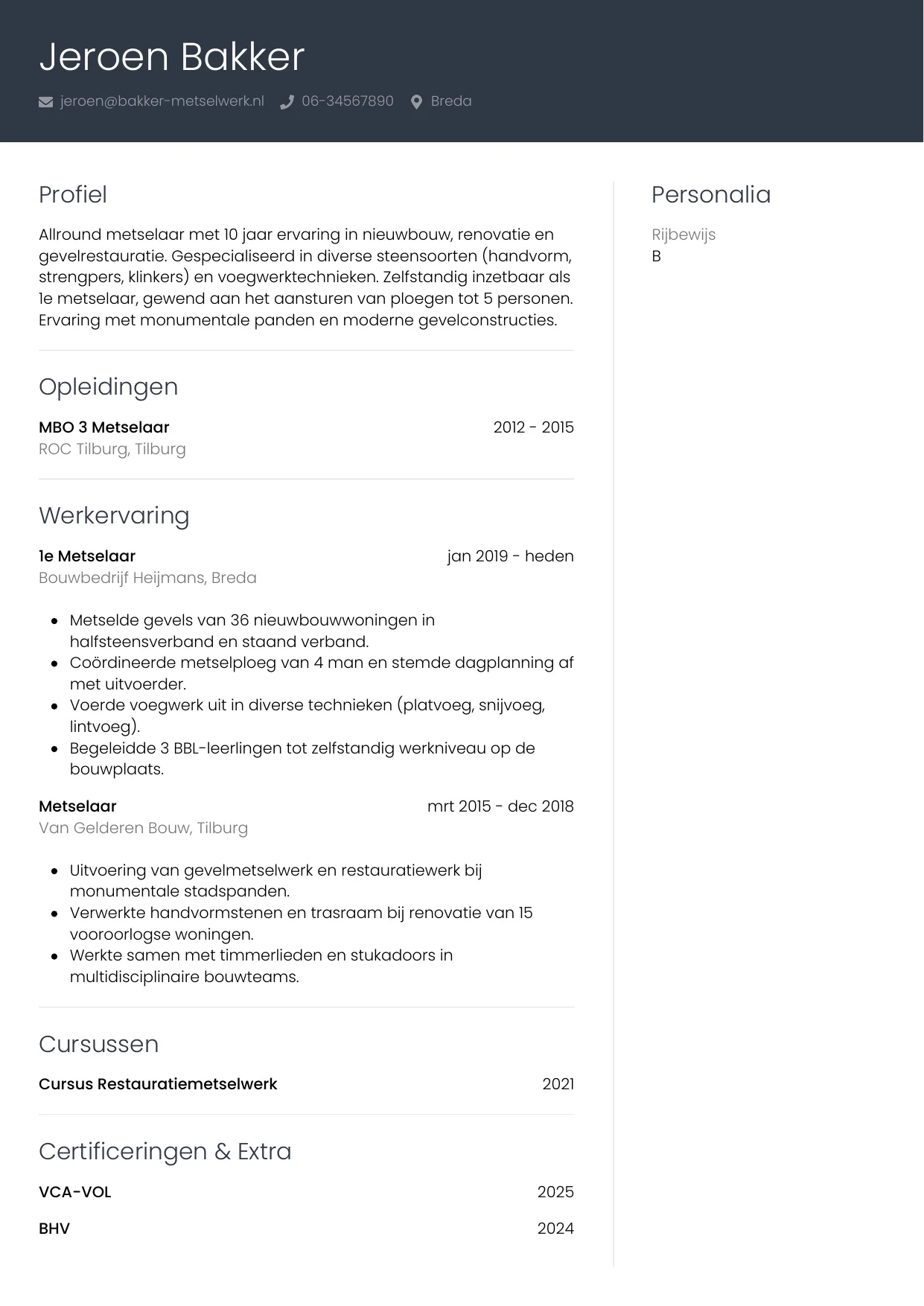 Voorbeeld CV voor metselaar in template Professioneel. CV Professioneel voor metselaar