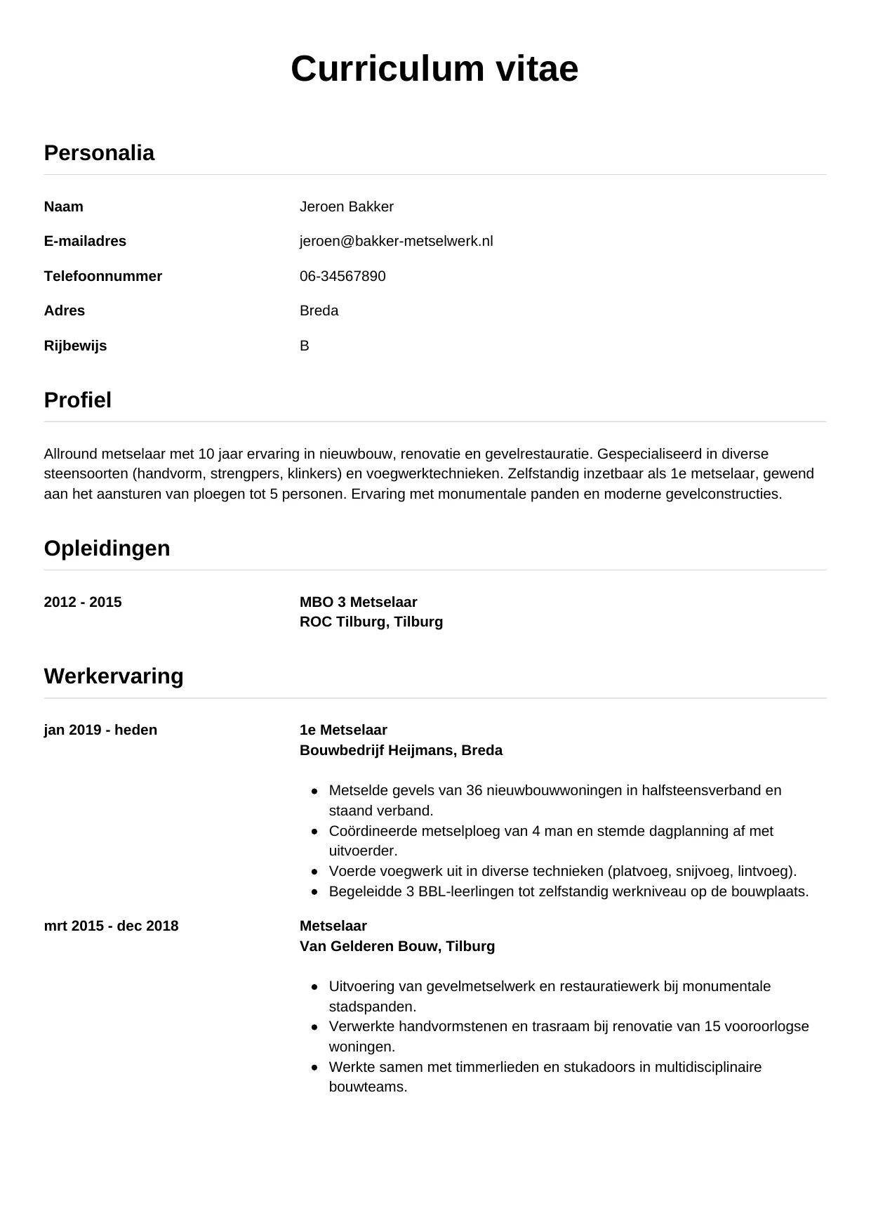 Voorbeeld CV voor metselaar in template Simpel. CV Simpel voor metselaar