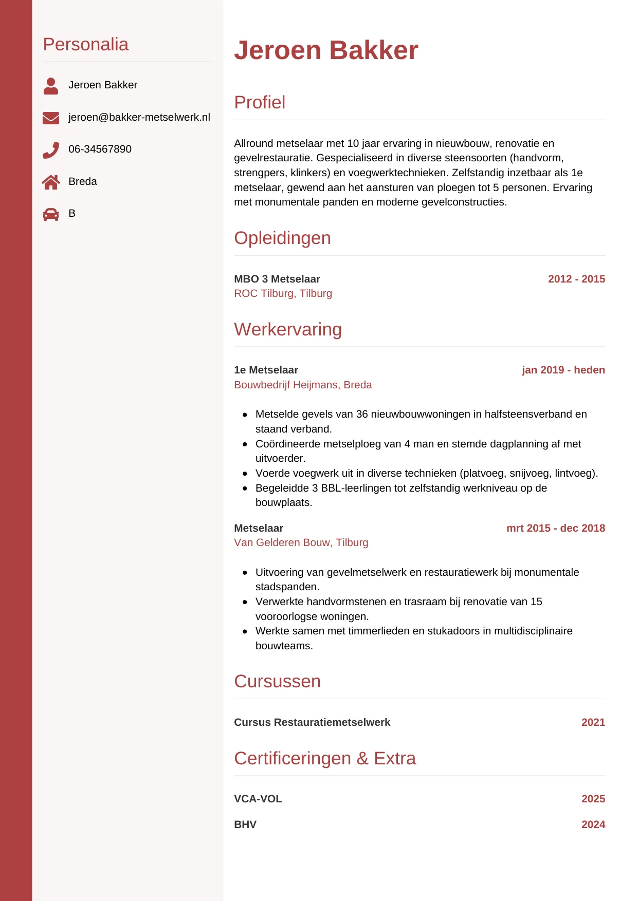 Voorbeeld CV voor metselaar in template Verticaal. CV Verticaal voor metselaar