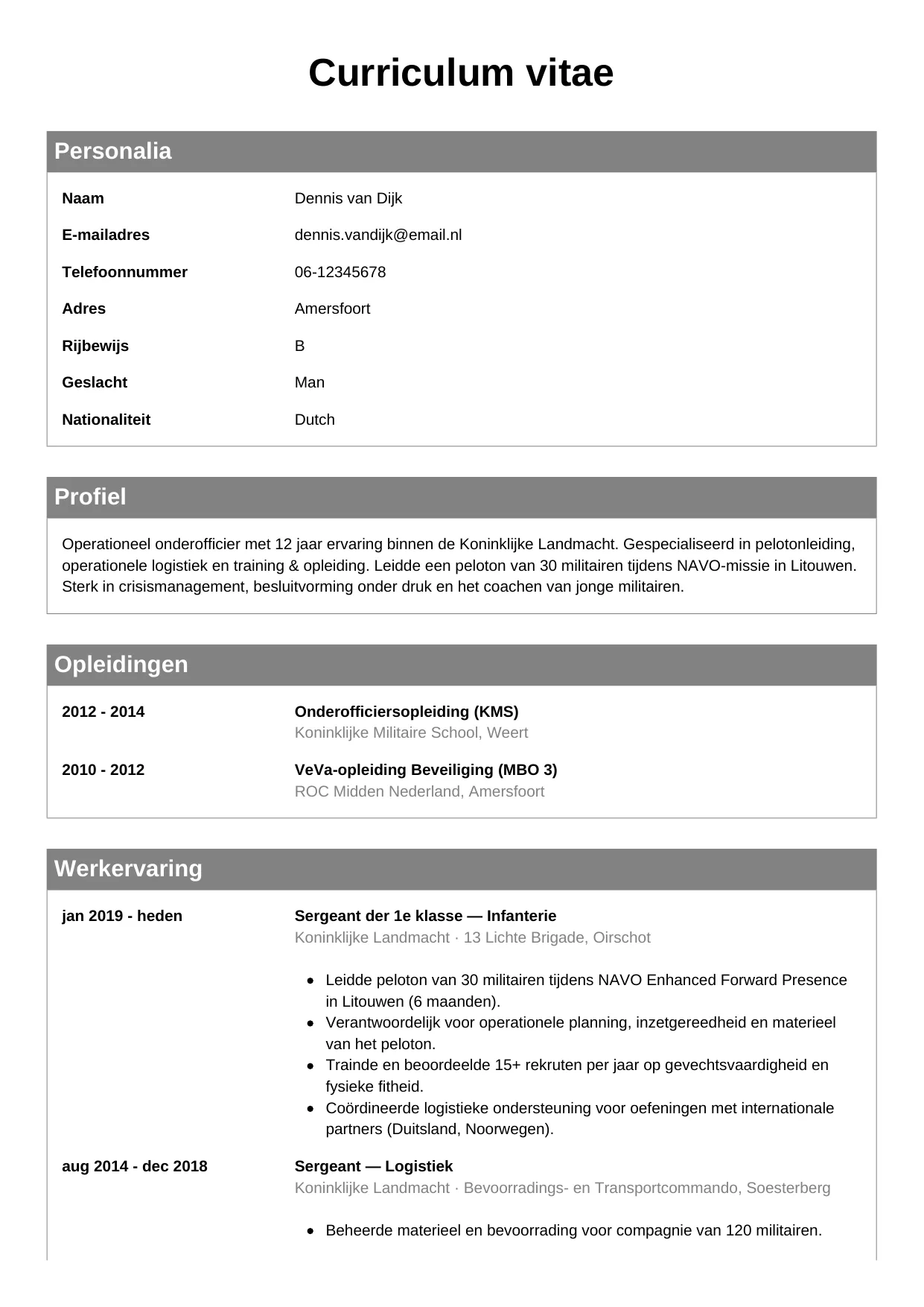 CV Klassiek voor militair