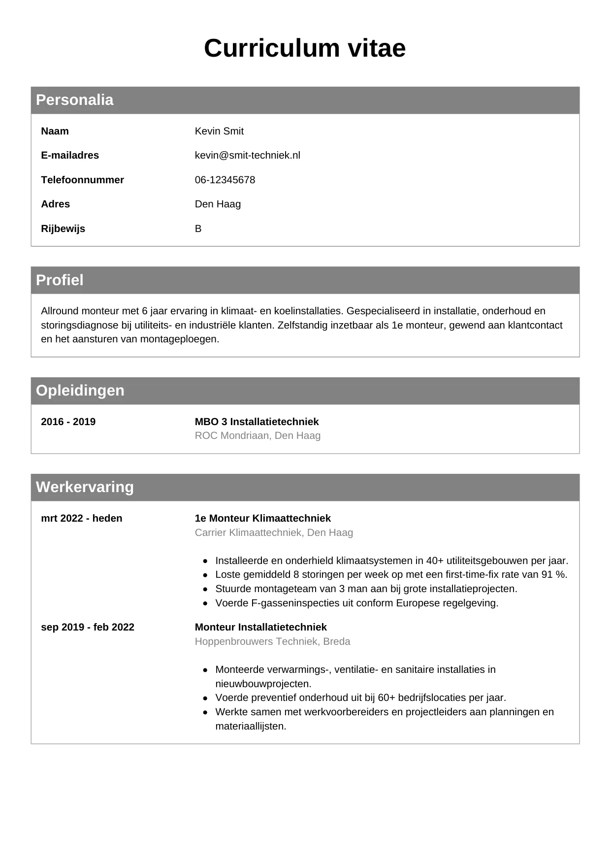 CV Klassiek voor monteur