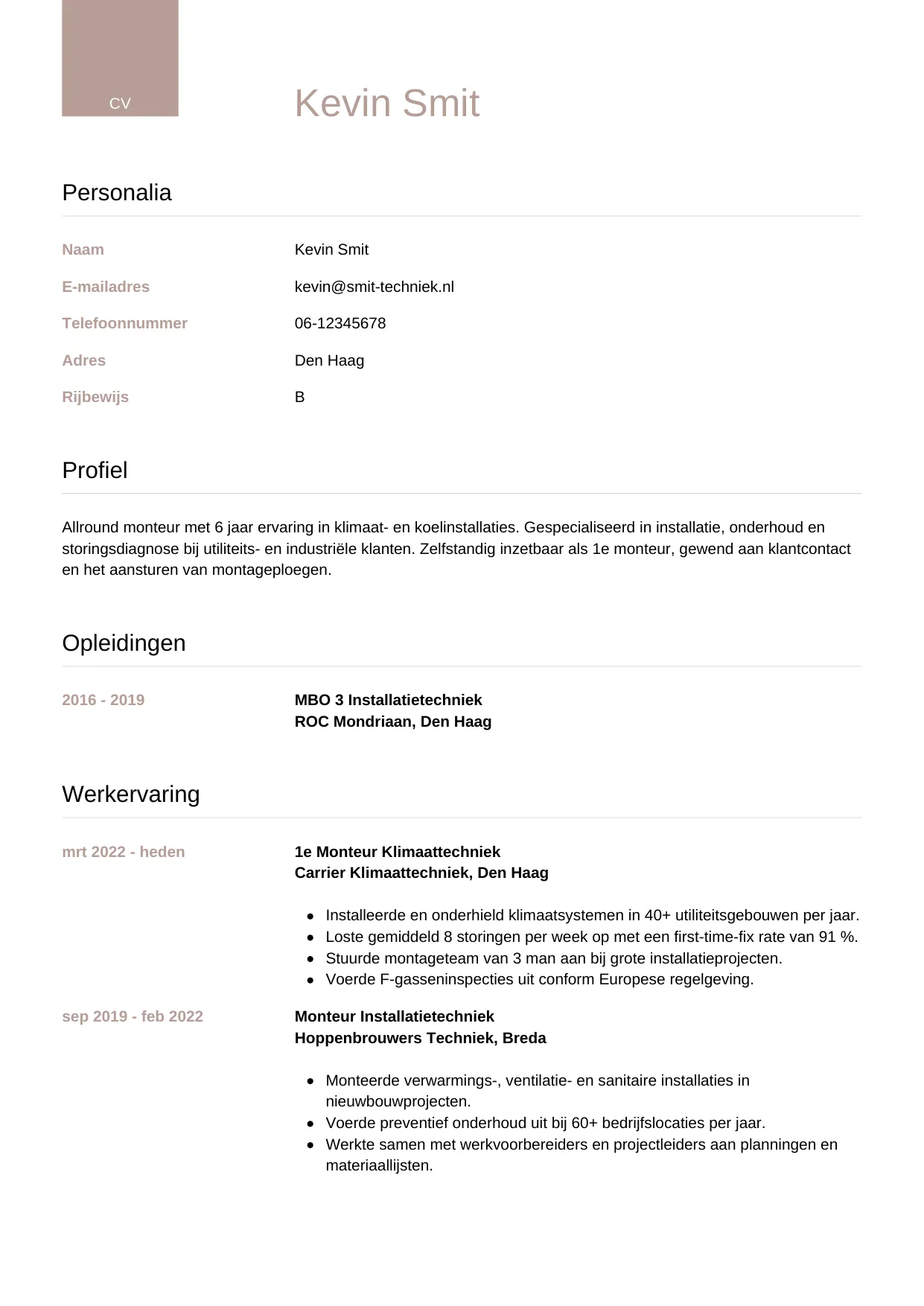 CV Luxe voor monteur