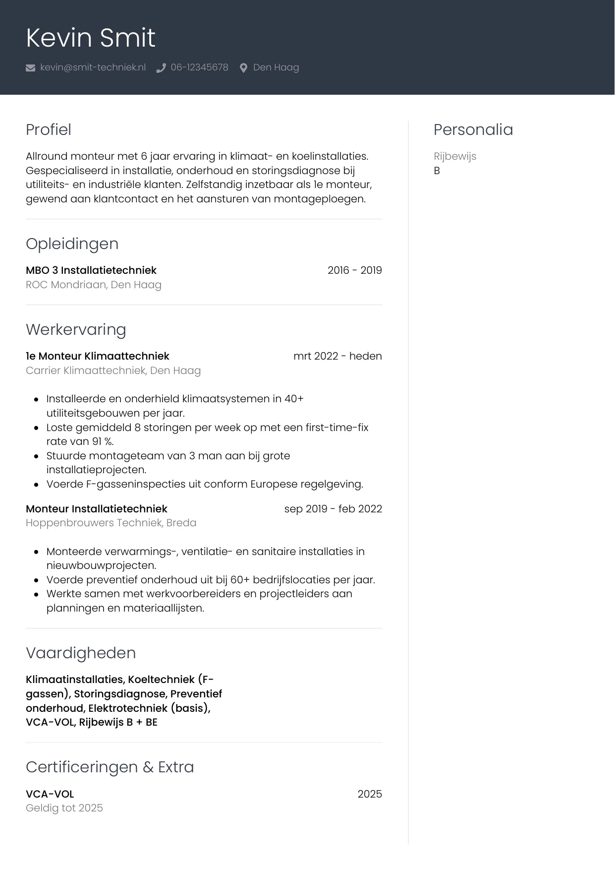 CV Professioneel voor monteur