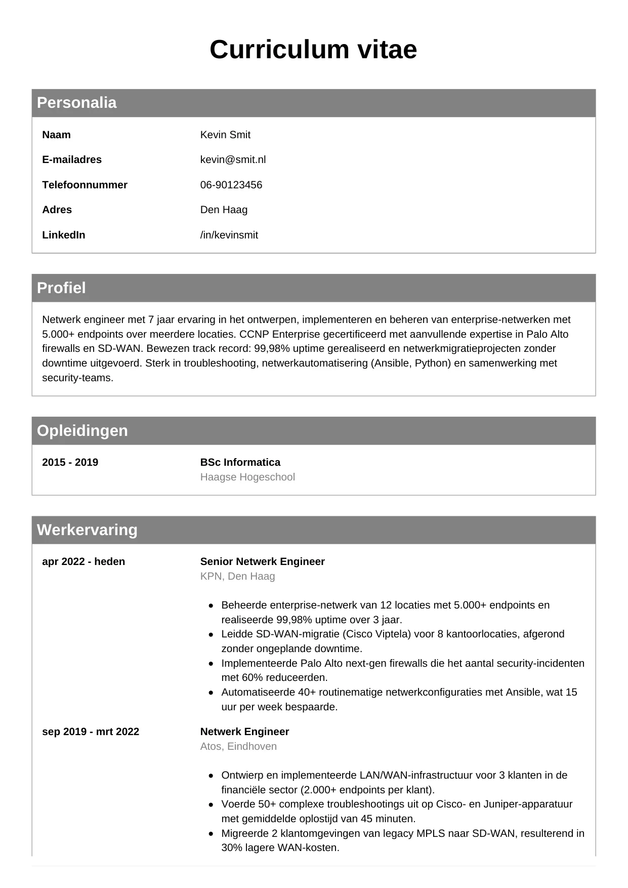 CV Klassiek voor netwerk engineer